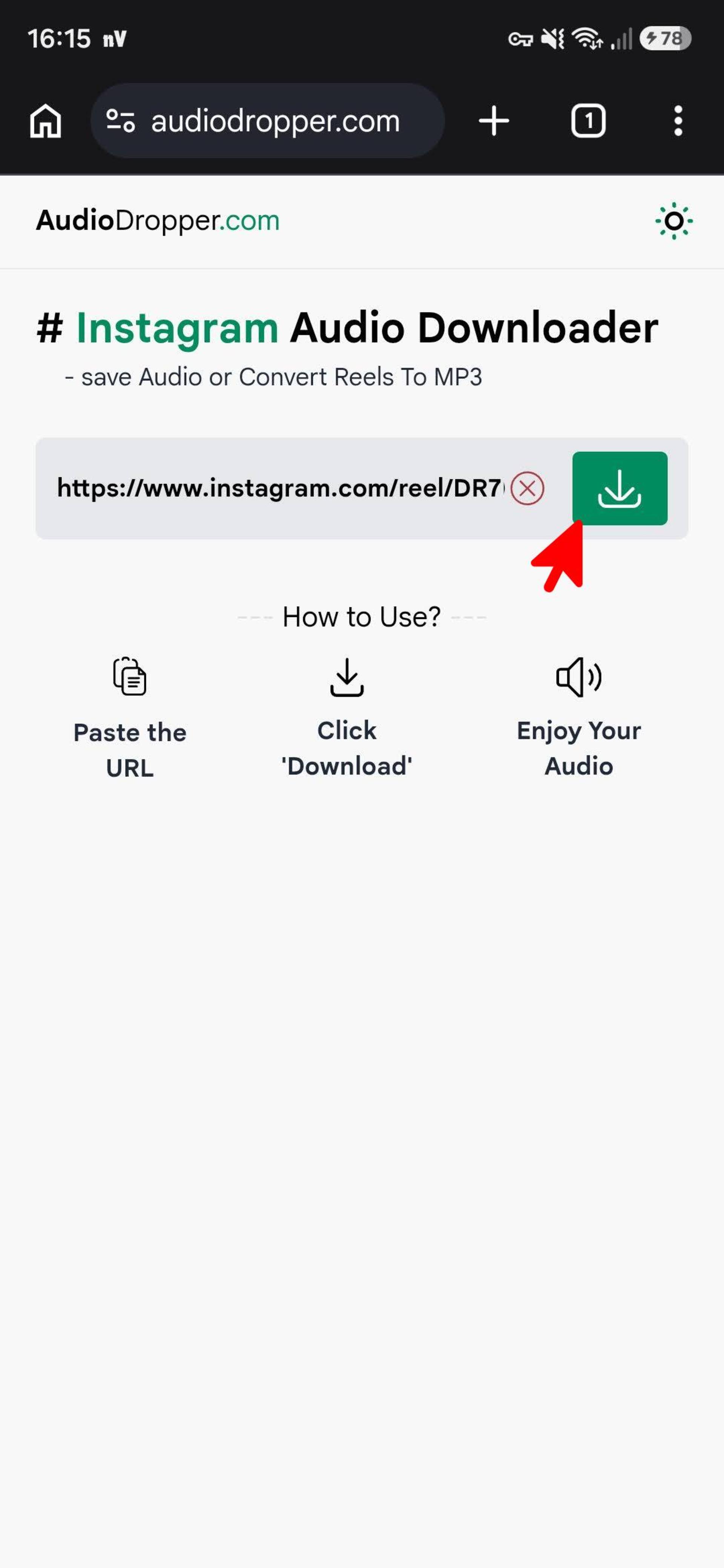صفحه اصلی سایت Audio Dropper برای دانلود آهنگ ویدیوهای اینستاگرام