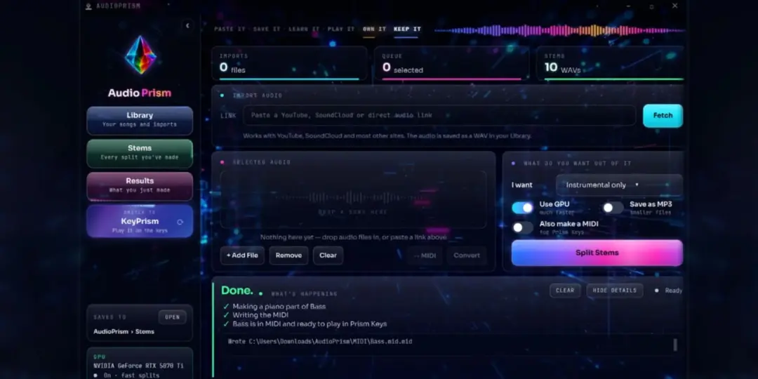 پنل کنترل نرم‌افزار هوش مصنوعی Audio Prism برای جداسازی سازهای موسیقی