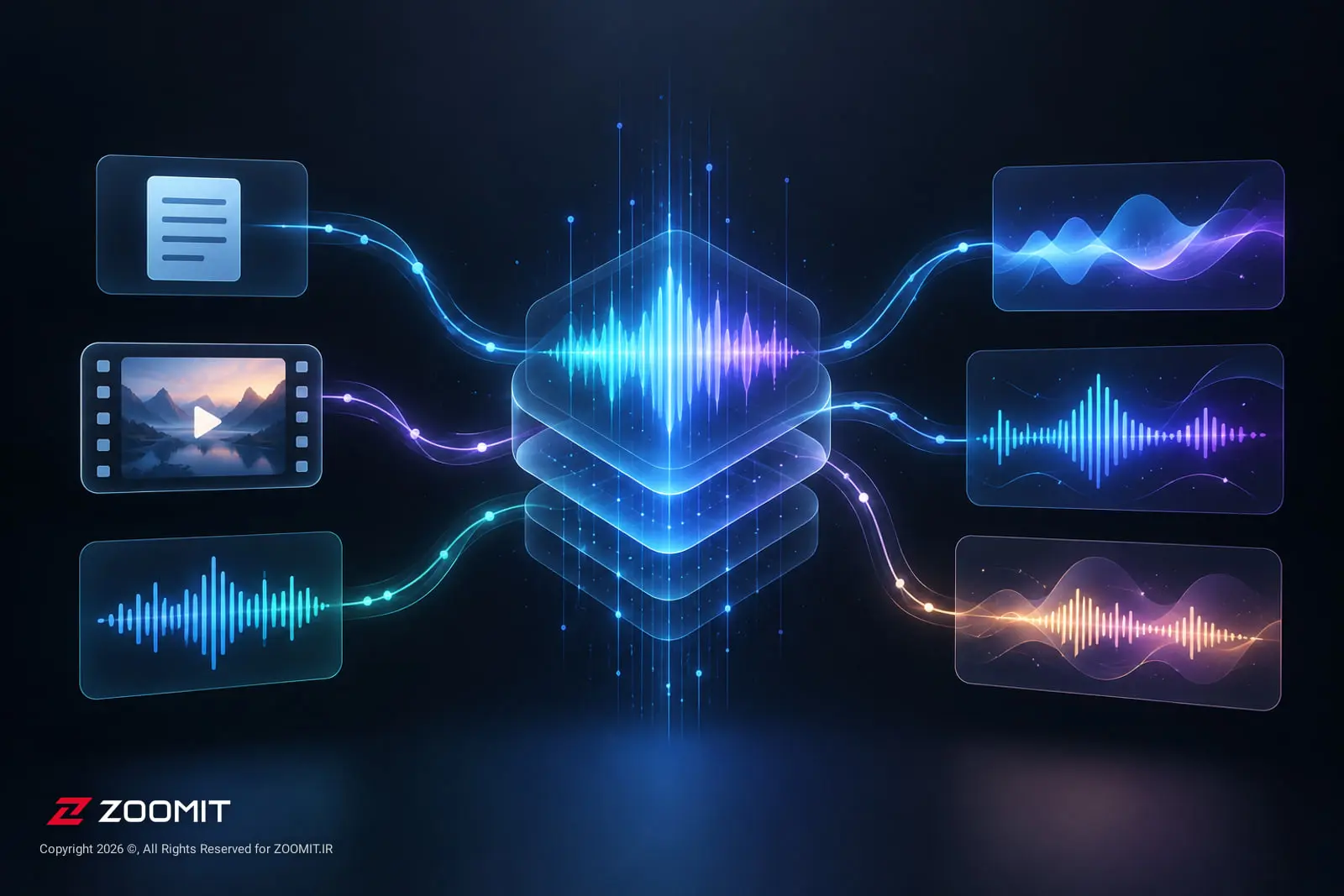 نمودار دیجیتال پردازش صدا توسط مدل هوش مصنوعی AudioX با امواج صوتی