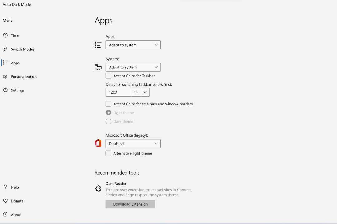 تنظیمات برنامه ها در Auto Dark Mode