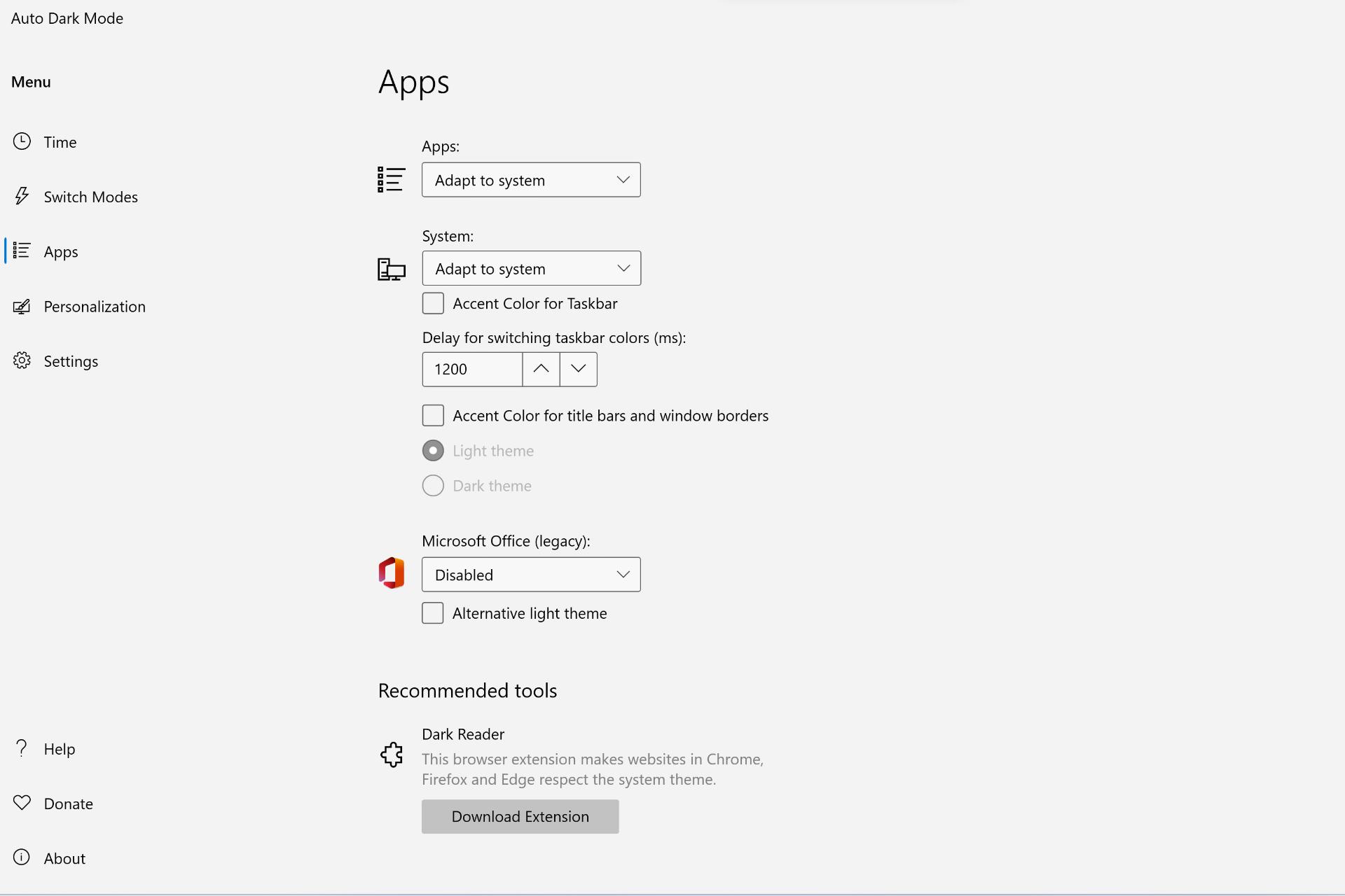تنظیمات برنامه ها در Auto Dark Mode