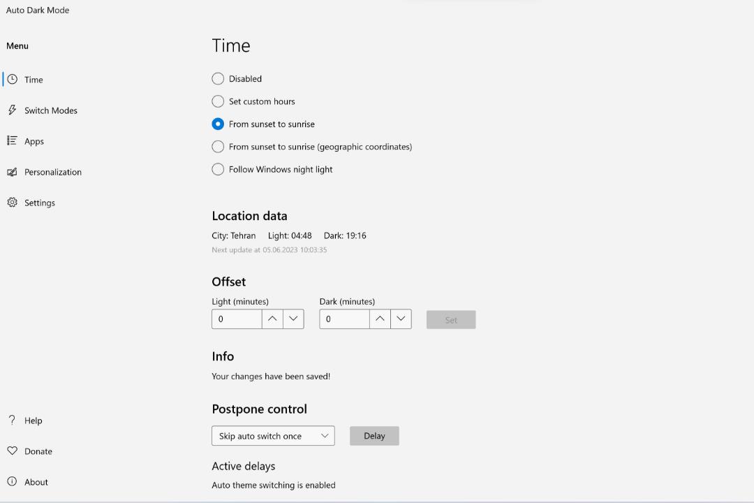 تنظیمات زمان بندی Auto Dark Mode