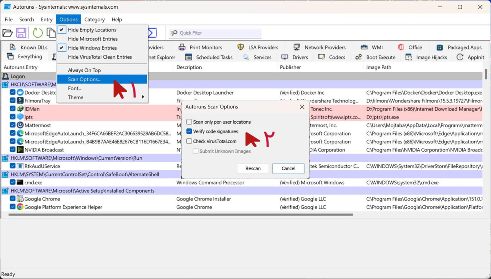 پنجره تنظیمات اسکن (Scan Options) در نرمافزار Autoruns برای مدیریت برنامههای استارتاپ