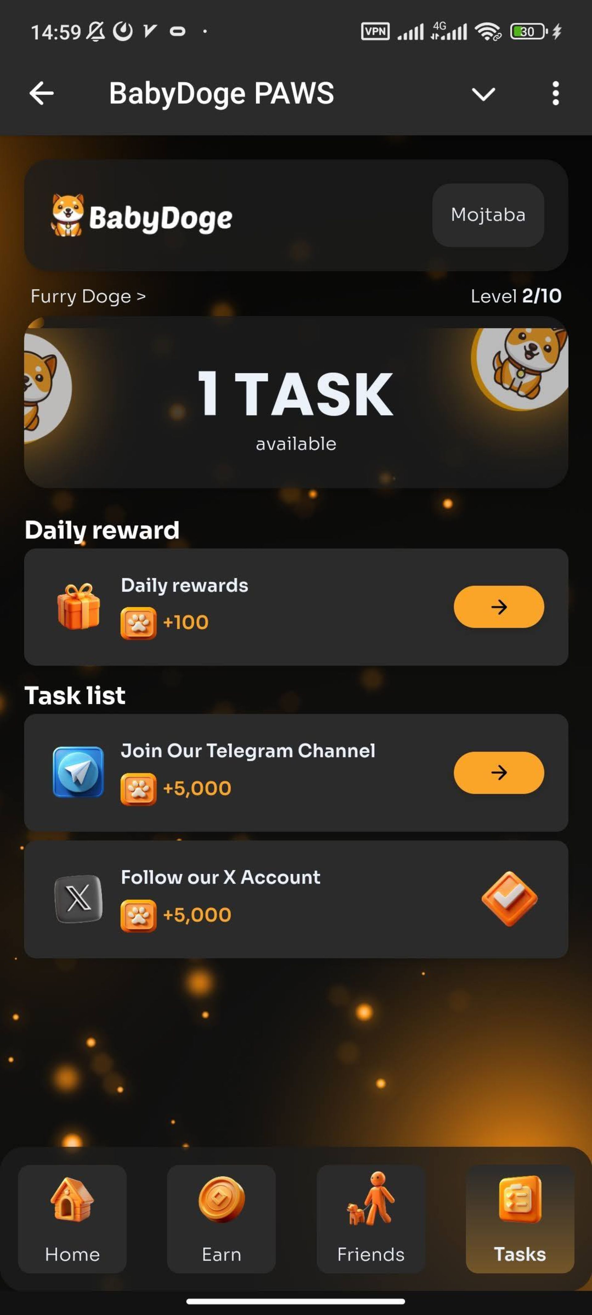 صفحه Task در بازی ‌Baby Doge Coin