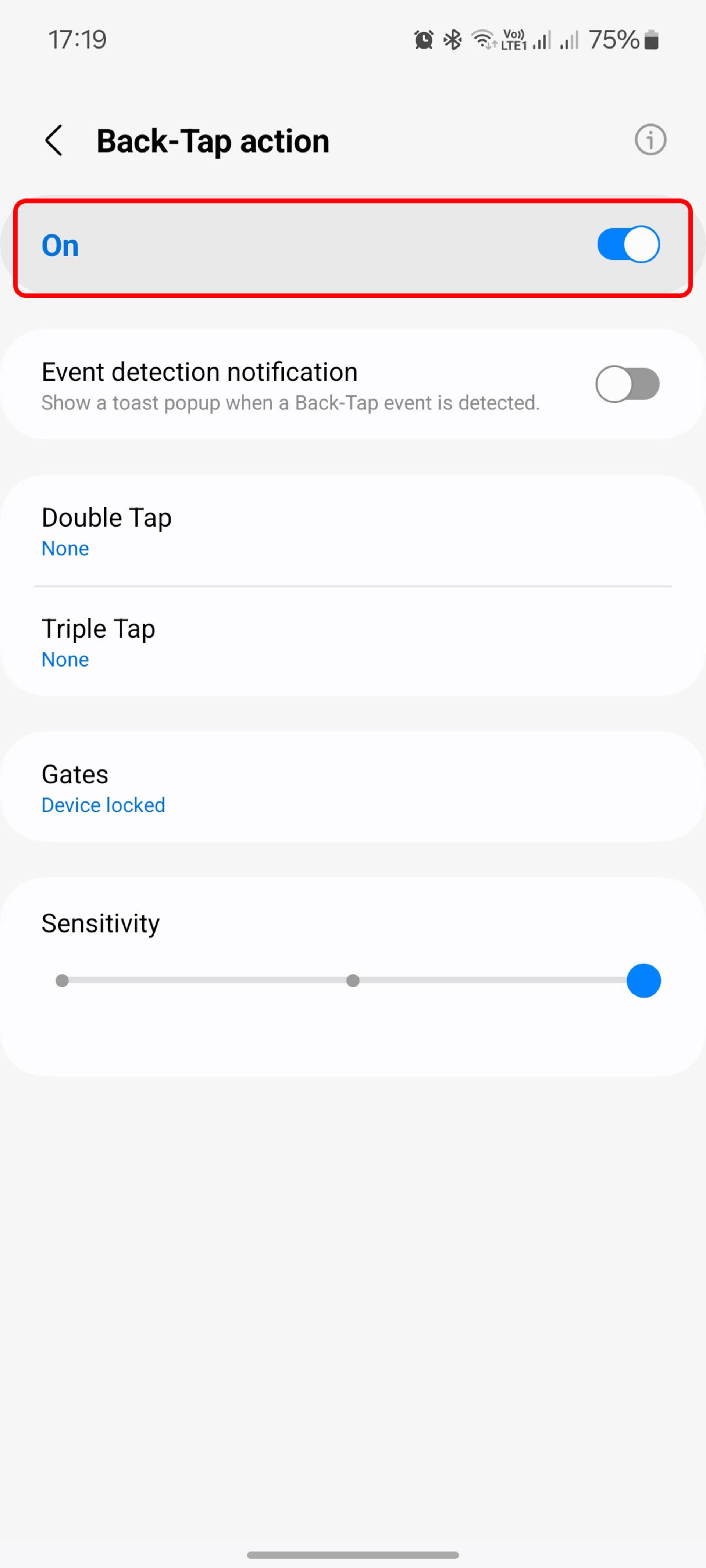 صفحه Back-Tap action برای فعال کردن قابلیت back tap (ضربه به پشت گوشی) سامسونگ