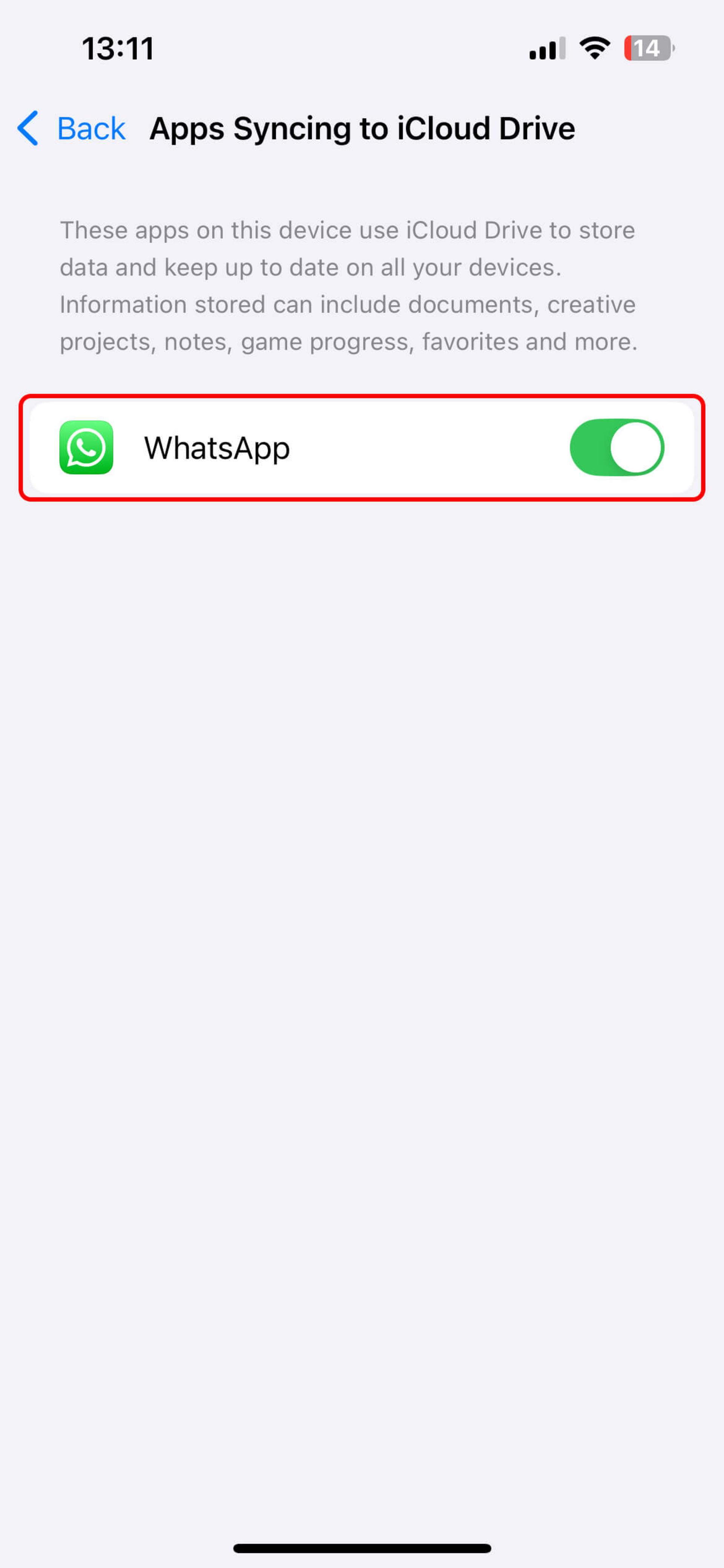 صفحه Apps Syncing to iCloud Drive