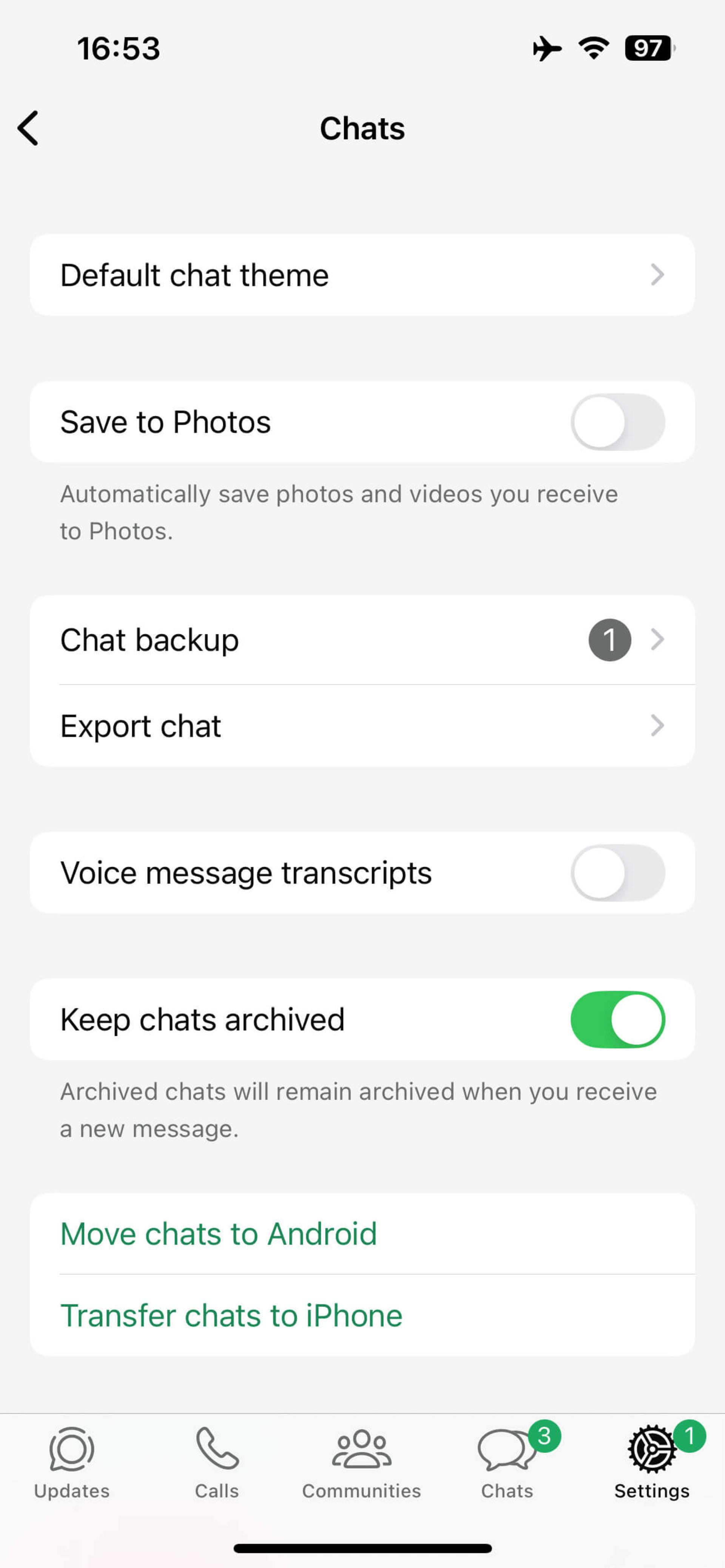 انتخاب گزینه chat backup‌در صفحه chats واتساپ