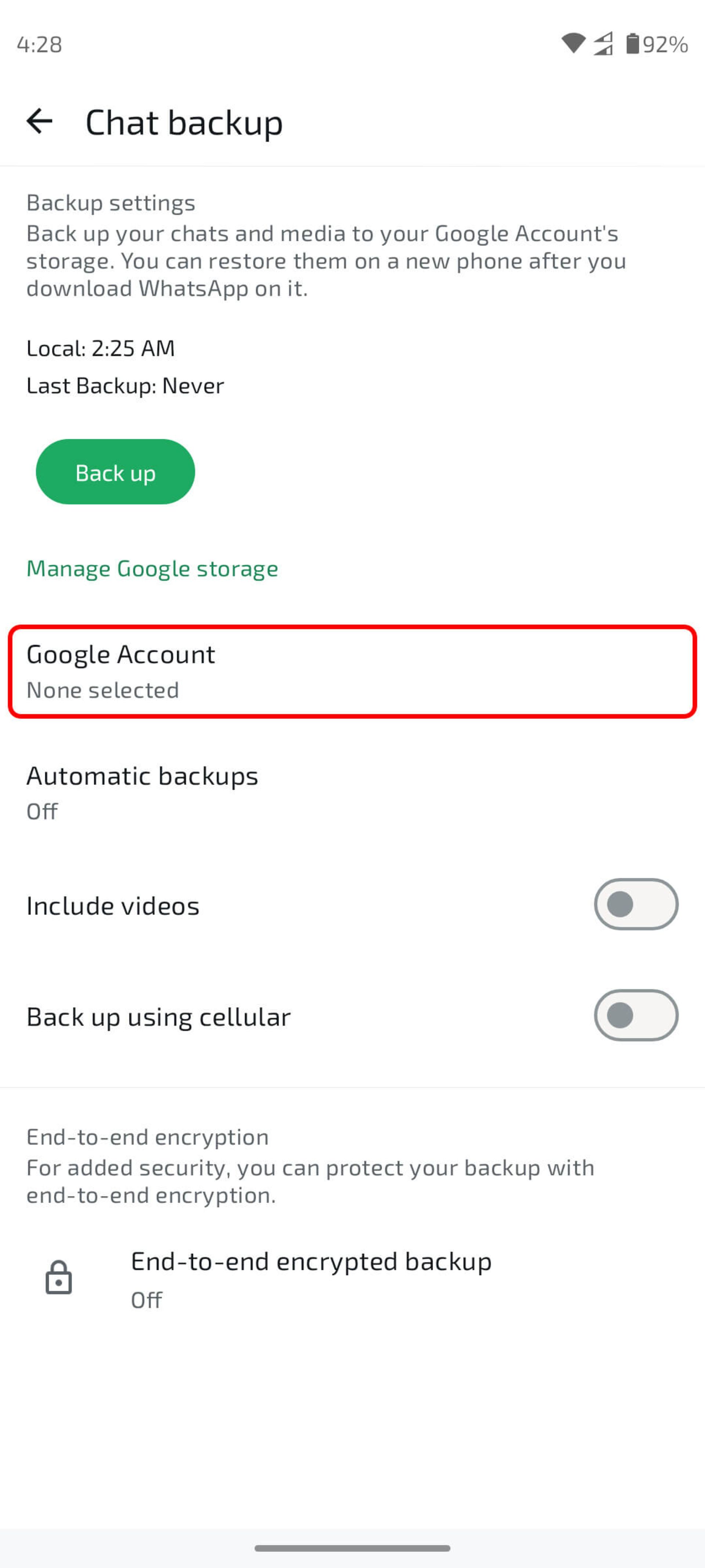 صفحه Chat Backup واتساپ