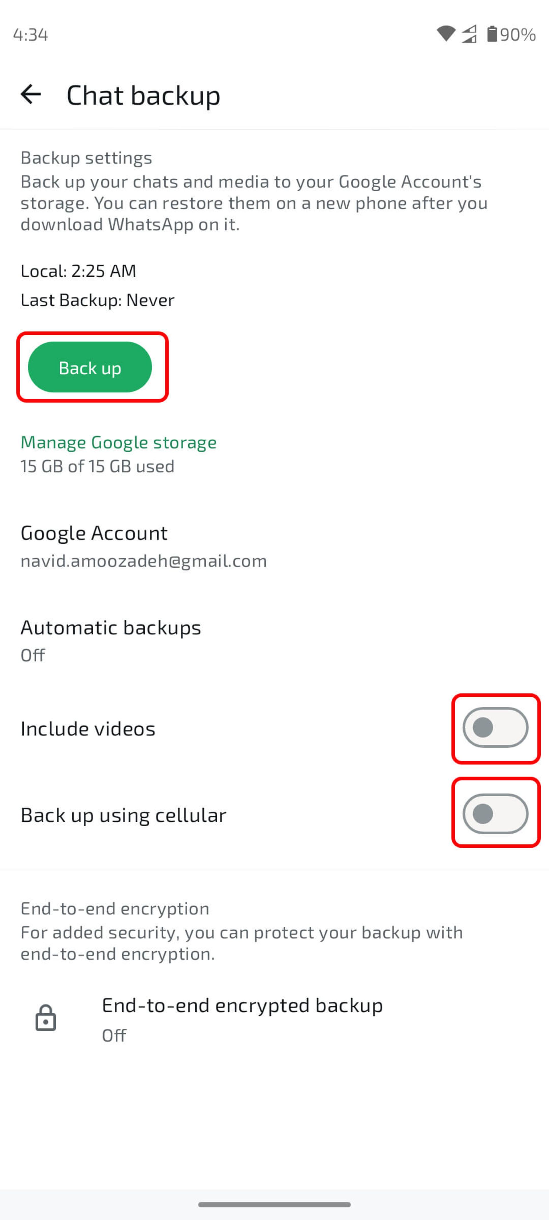 انتخاب گزینه  include videos و و Back up using cellular