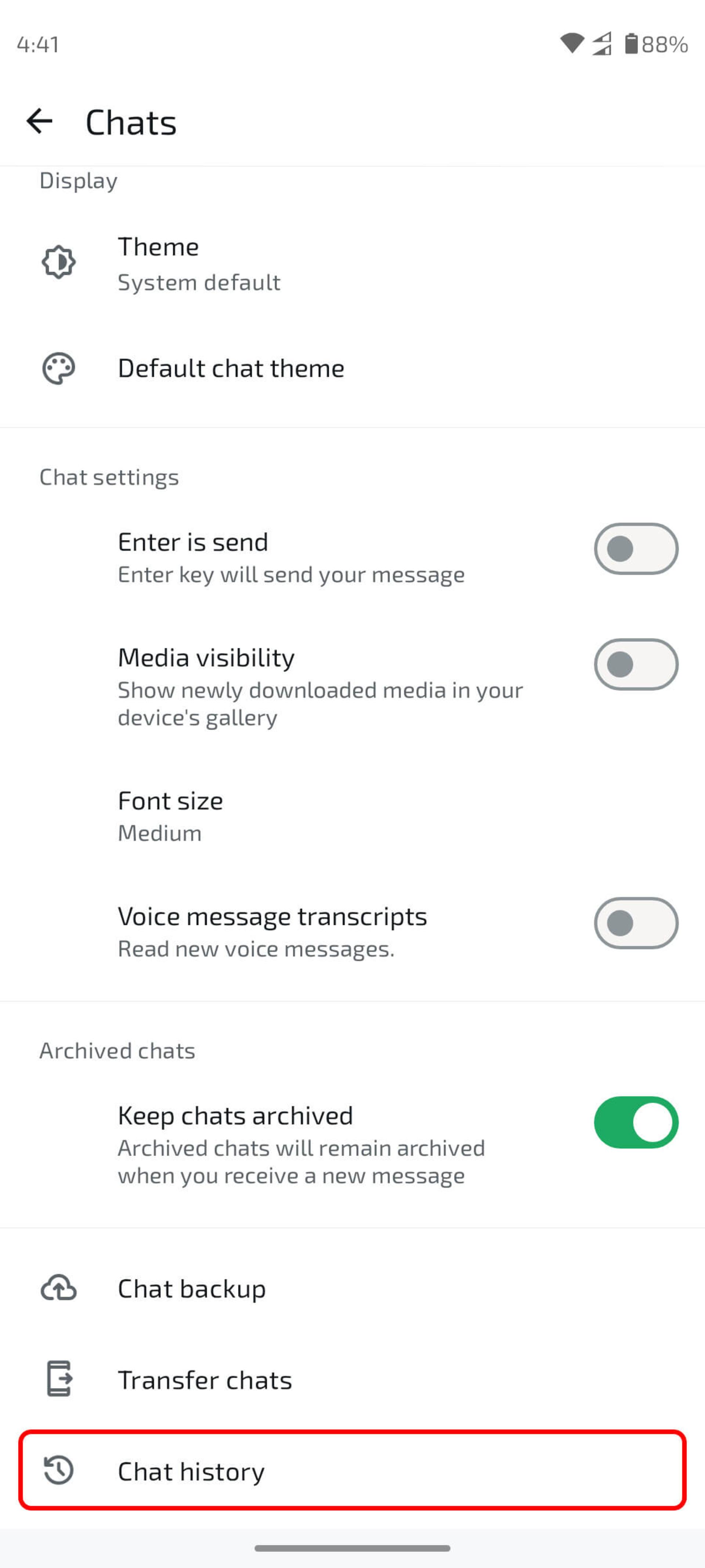صفحه chats و انتخاب گزینه Chat history