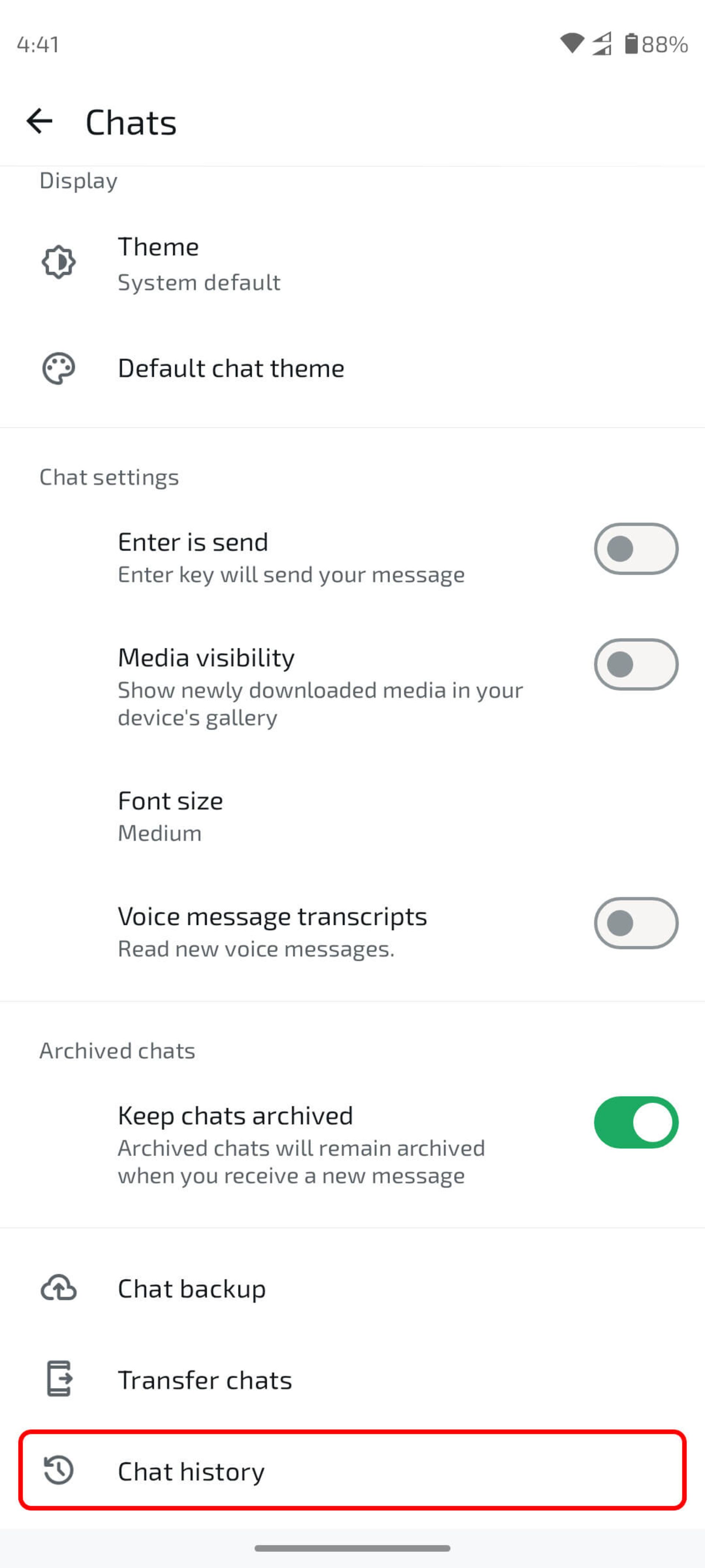صفحه chats و انتخاب گزینه Chat history