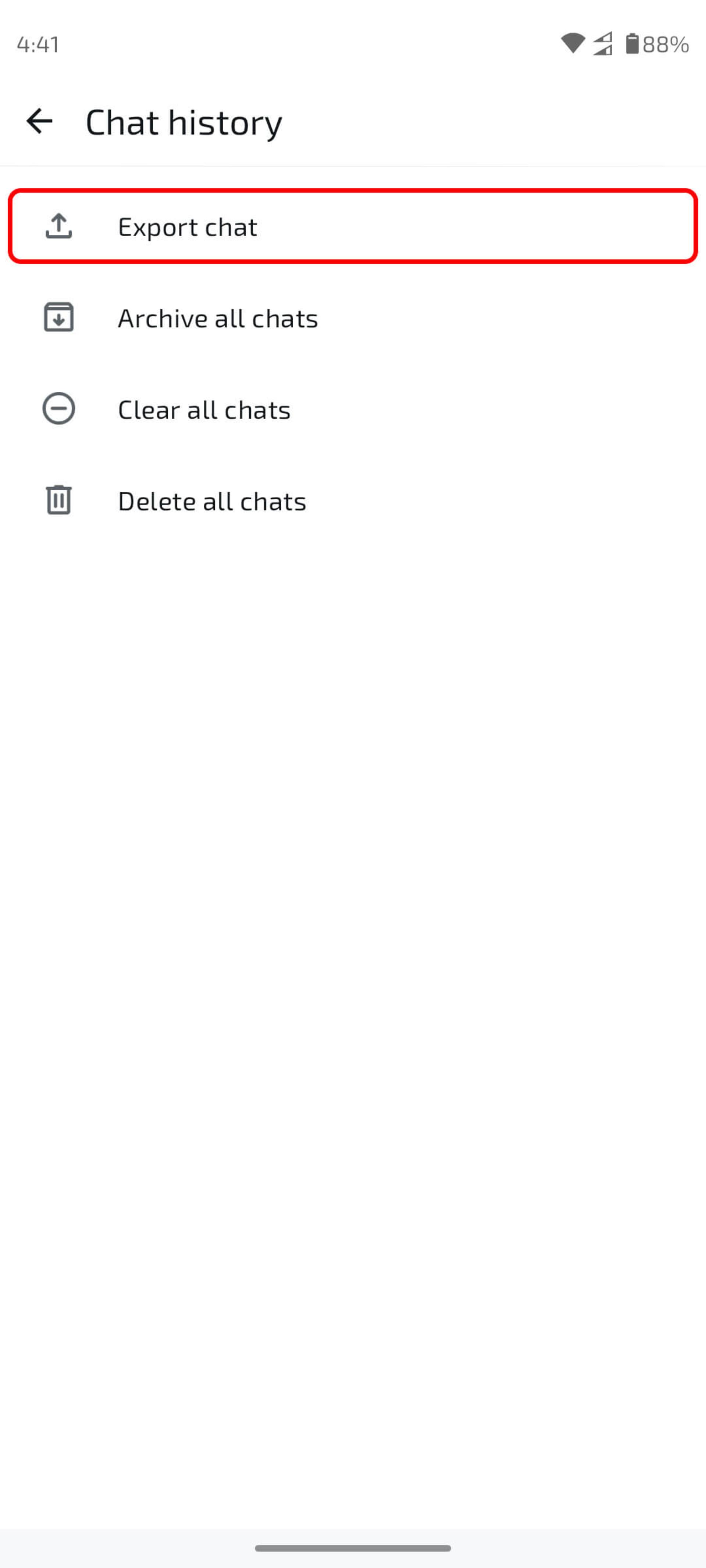 صفحه chat history و انتخاب Export Chat