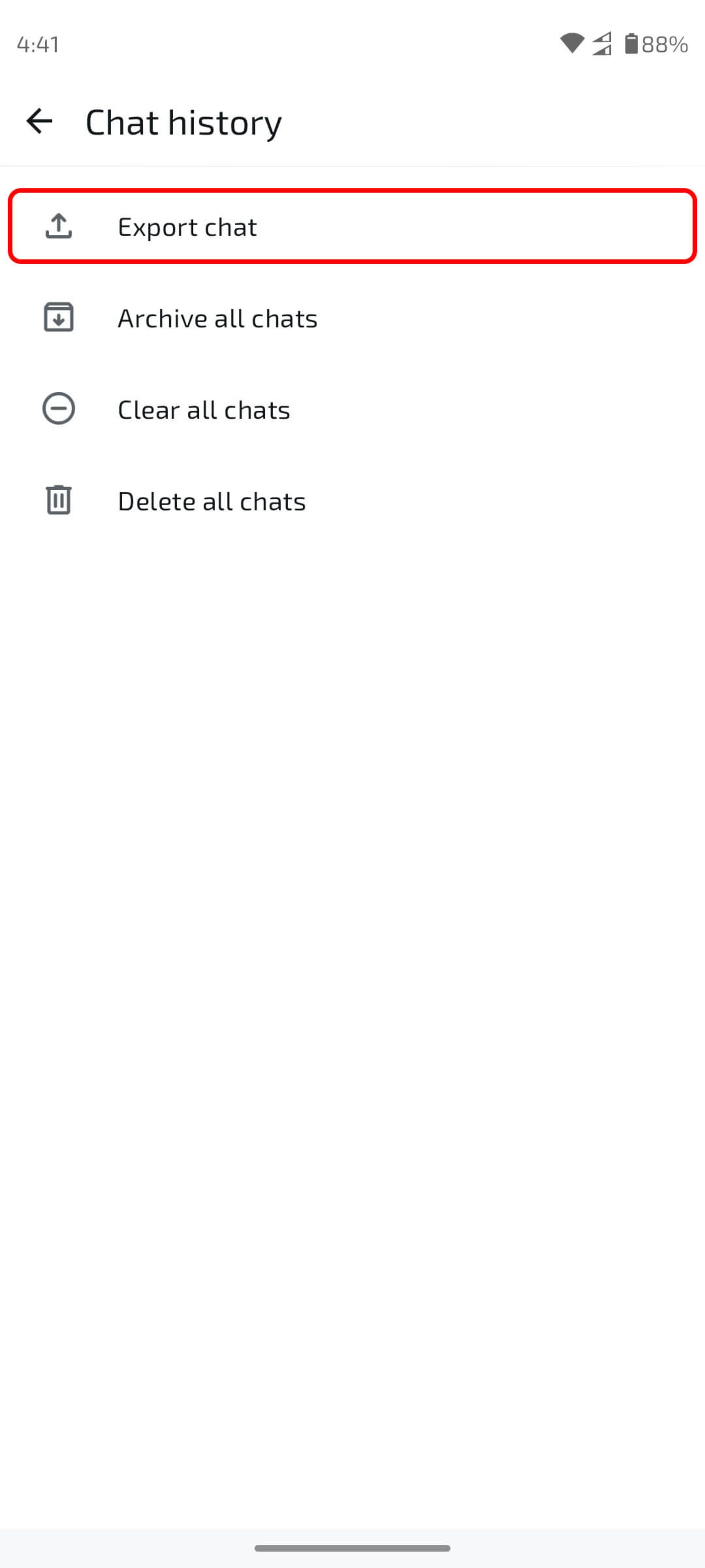 صفحه chat history و انتخاب Export Chat