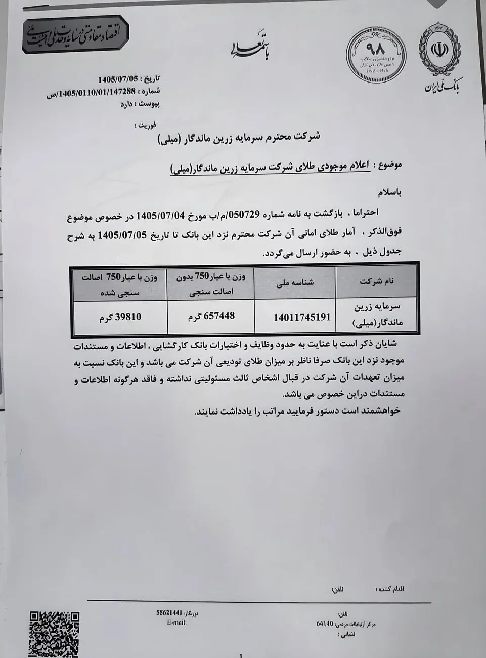 برگه رسمی بانک کارگشایی ایران حاوی جدول موجودی طلای شرکت سرمایه زرین ماندگار (Zarrin Mandegar)