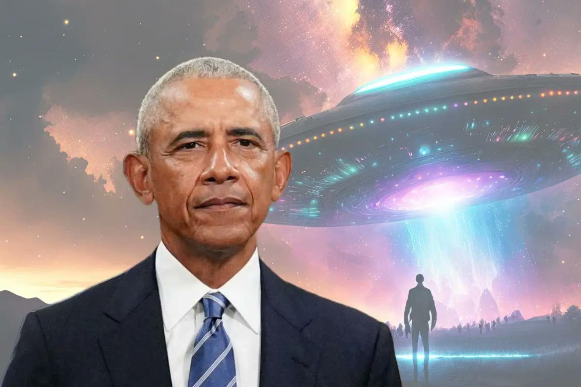 باراک اوباما با پس زمینه علمی تخیلی از سفینه و موجود فضایی