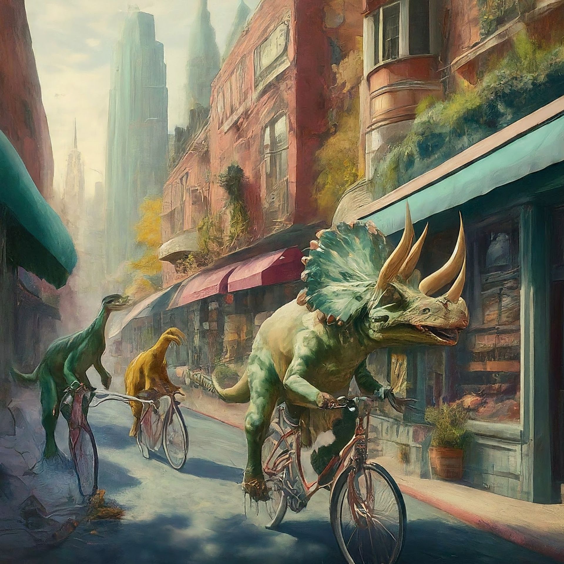 دایناسور‌ها درحال دوچرخه‌سواری در شهر 