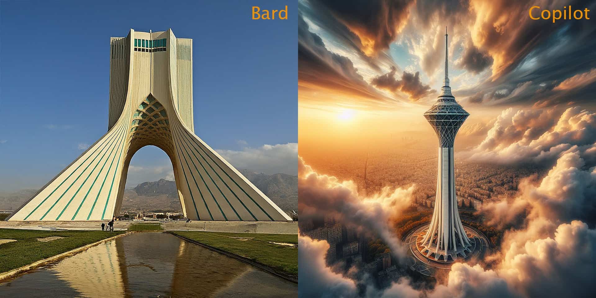 تصویر برج میلاد در سمت راست ساخته شده توسط کوپایلت و برج آزادی در سمت راست ساخته شده توسط بارد