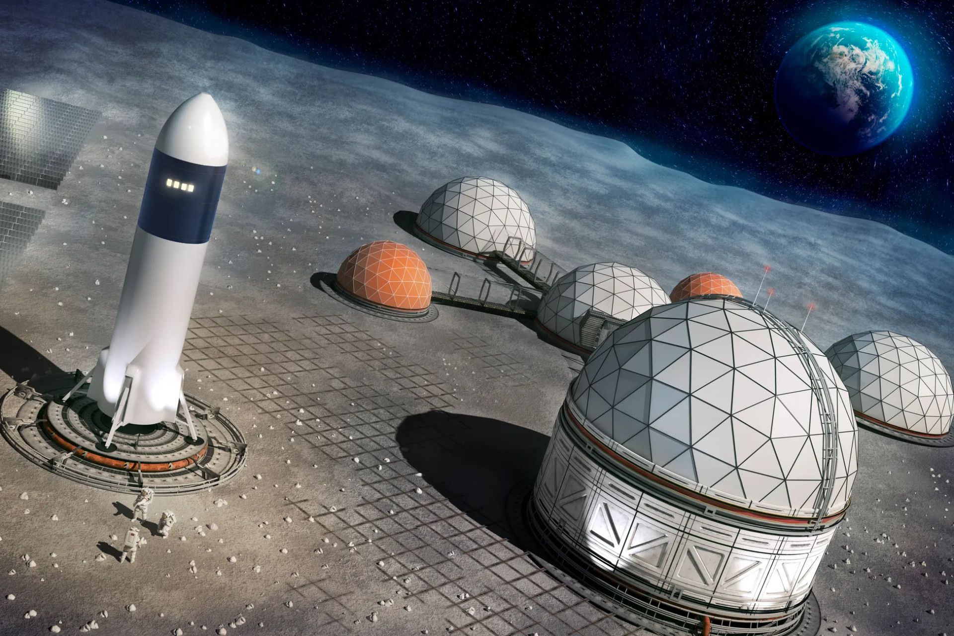 تصویرسازی هنرمند از یک پایگاه قمری روی سطح ماه، منظره‌ای از زمین در دوردست در آسمان تاریک