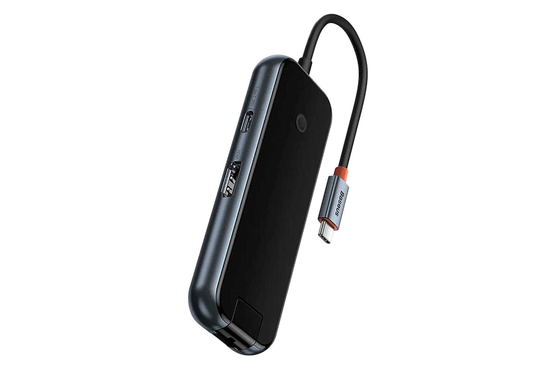 نمای نیمرخ هاب USB هاب USB-C باسئوس 6 پورت مدل BS-OH089 با نمایش درگاه های لبه سمت چپ