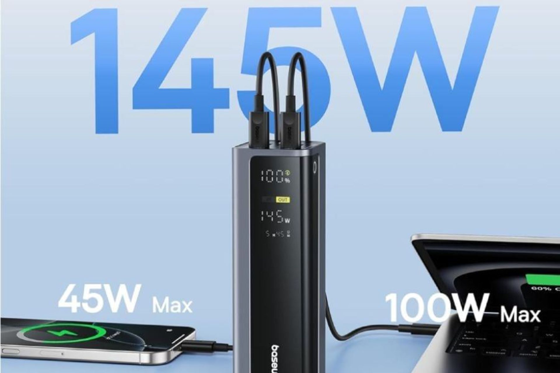 پاوربانک بیسوس EnerGeek GP12 در حال شارژ لپ‌تاپ و گوشی