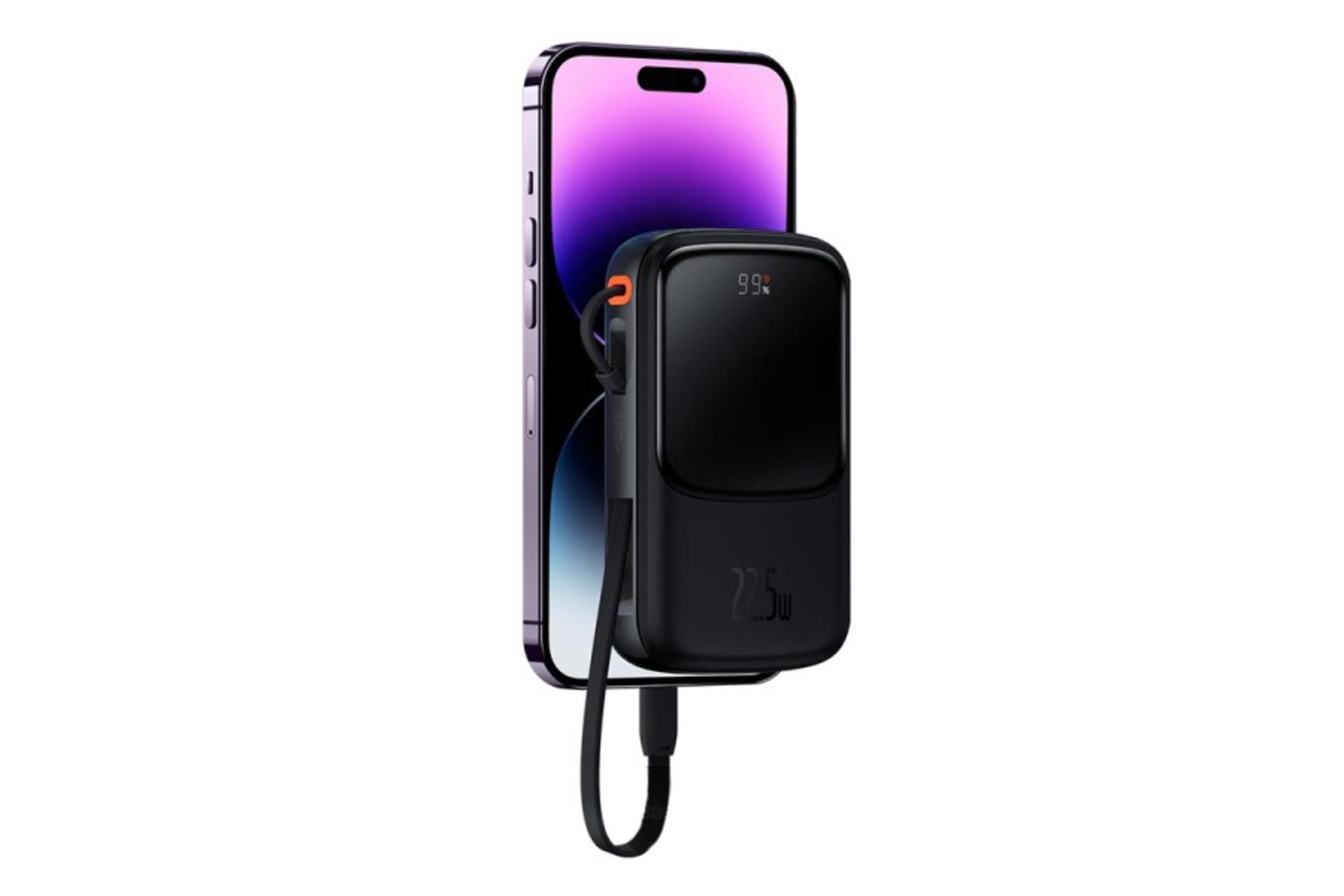 ابعاد پاور بانک باسئوس Baseus Qpow Pro Digital Display 10000mAh 20W در کنار موبایل
