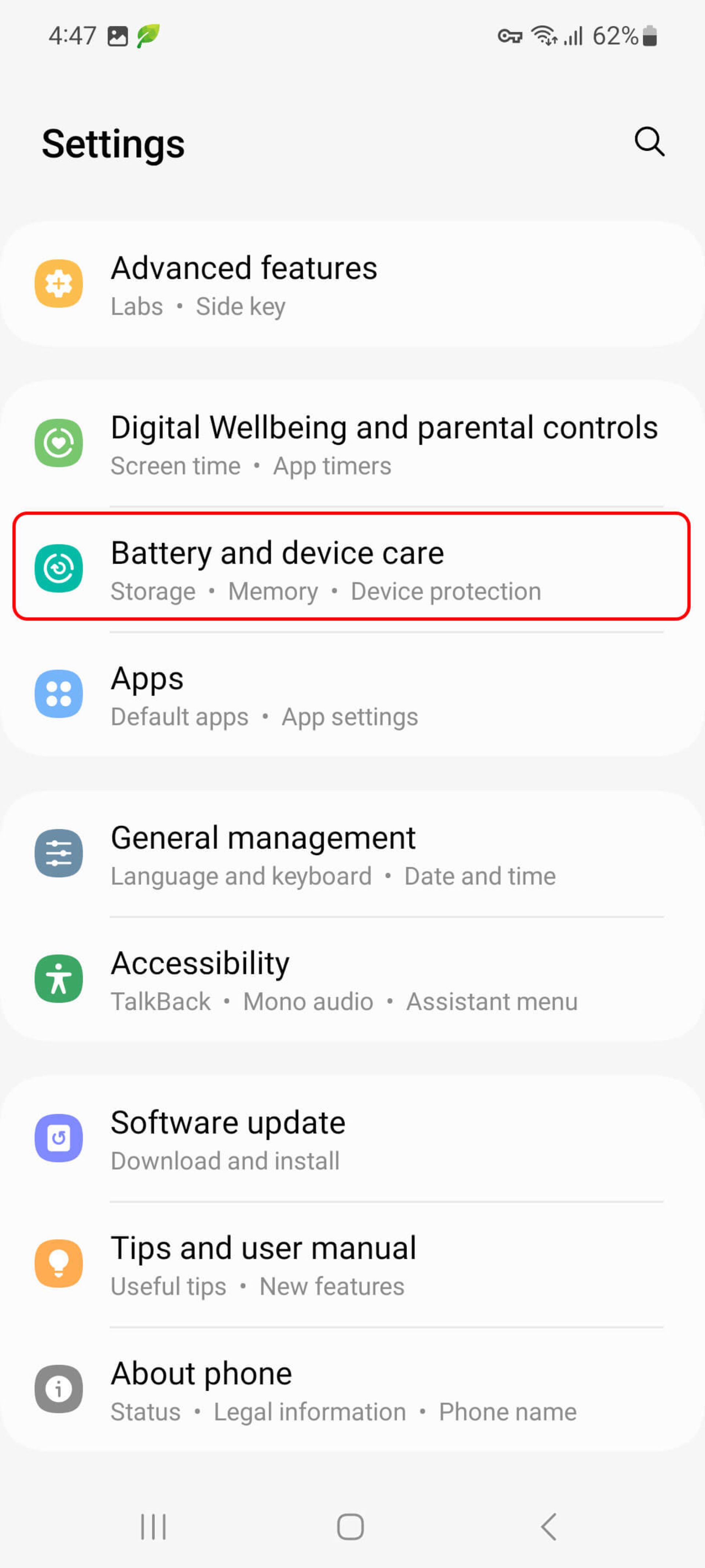 Battery and Device Care در تنظیمات گوشی سامسونگ