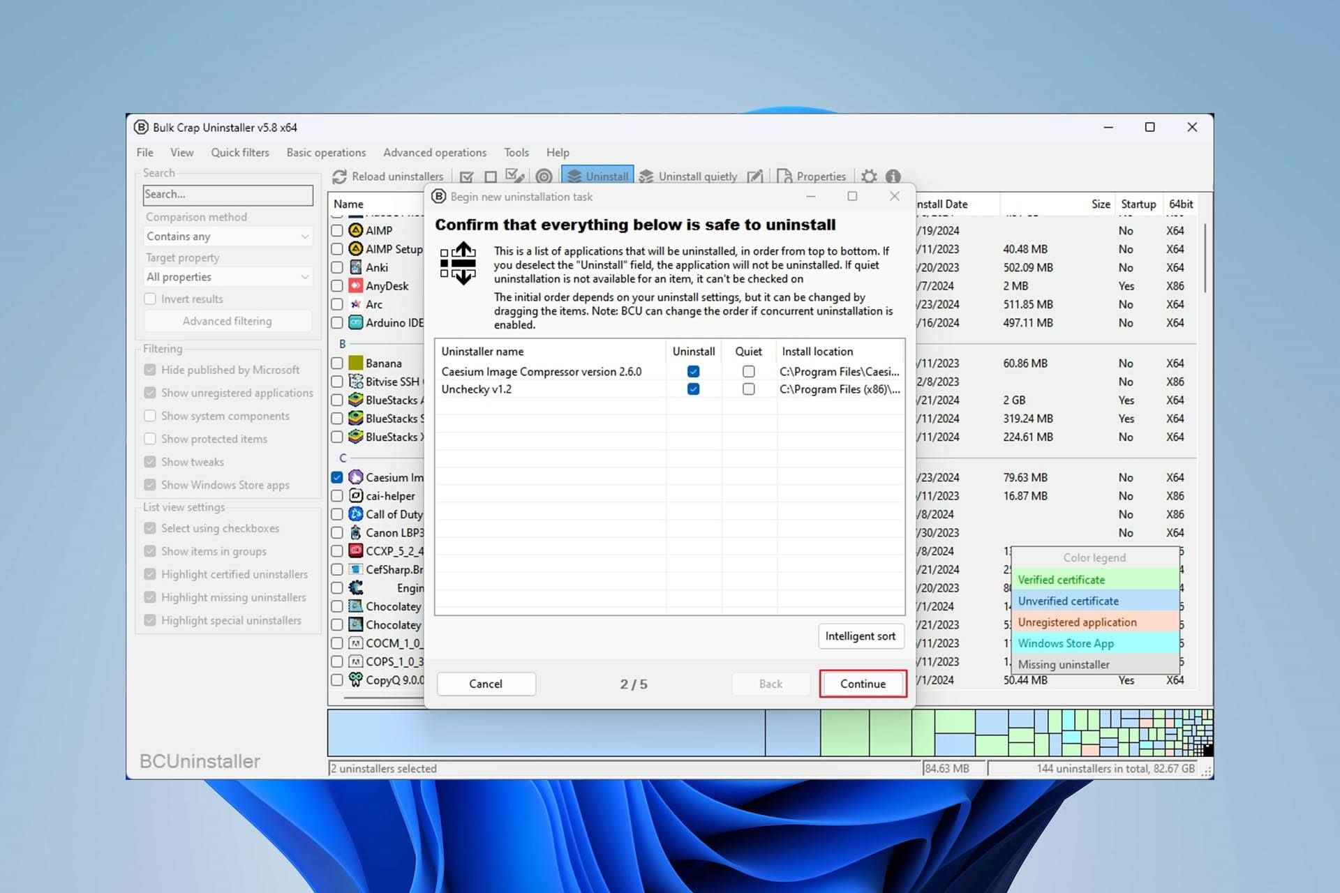 مرحله دوم فرآیند حذف، مشاهده برنامه های انتخاب شده برای حذف و روش آن (مداخله کم کاربر یا عادی) است.