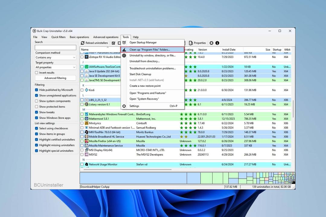 انتخاب گزینه‌ی پاکسازی Program Files از منوی Tools در BCU