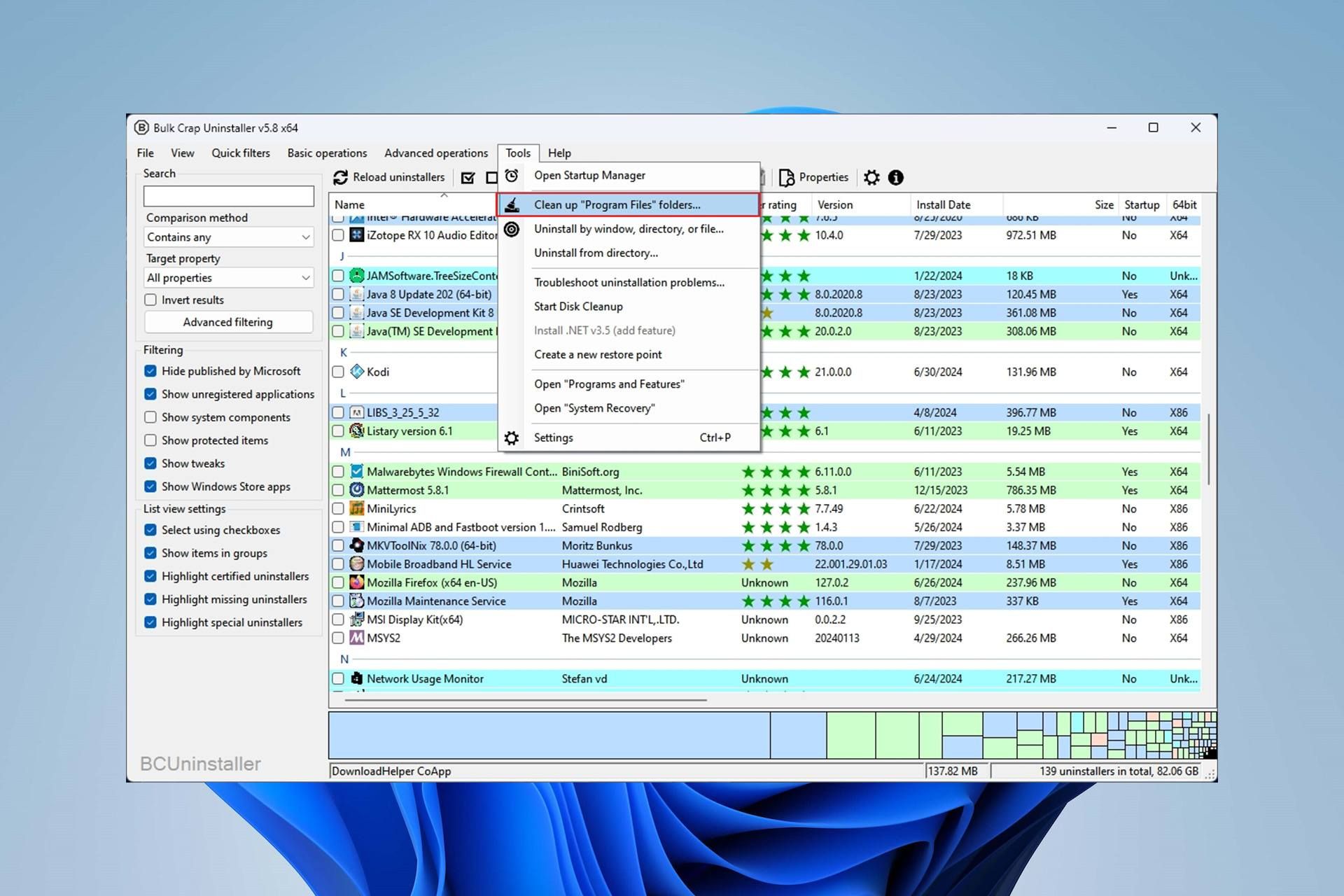 گزینه پاک کردن Program Files را از منوی Tools در BCU انتخاب کنید