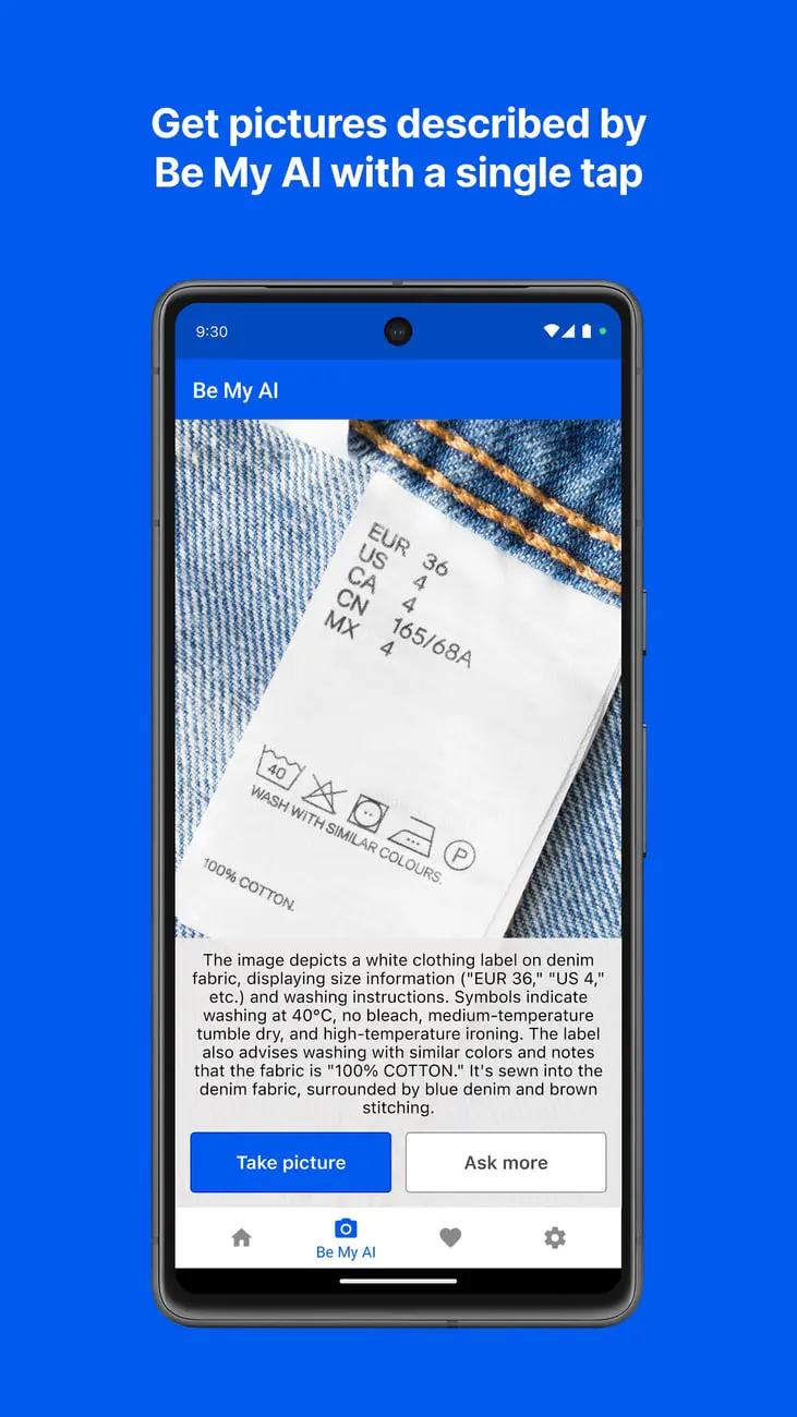 برچسب سایز لباس جین در محیط اپلیکیشن Be My AI