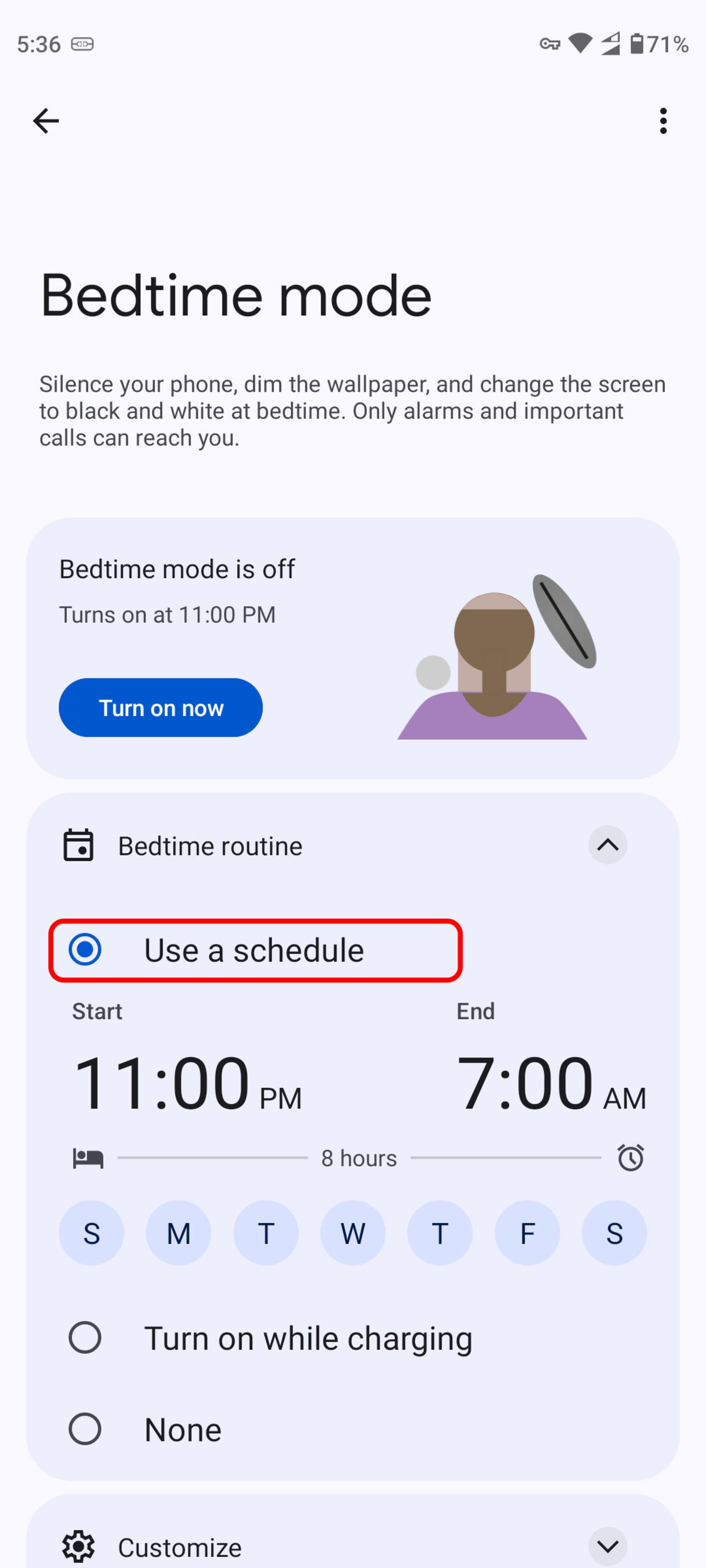 تنظیمات bedtime routine