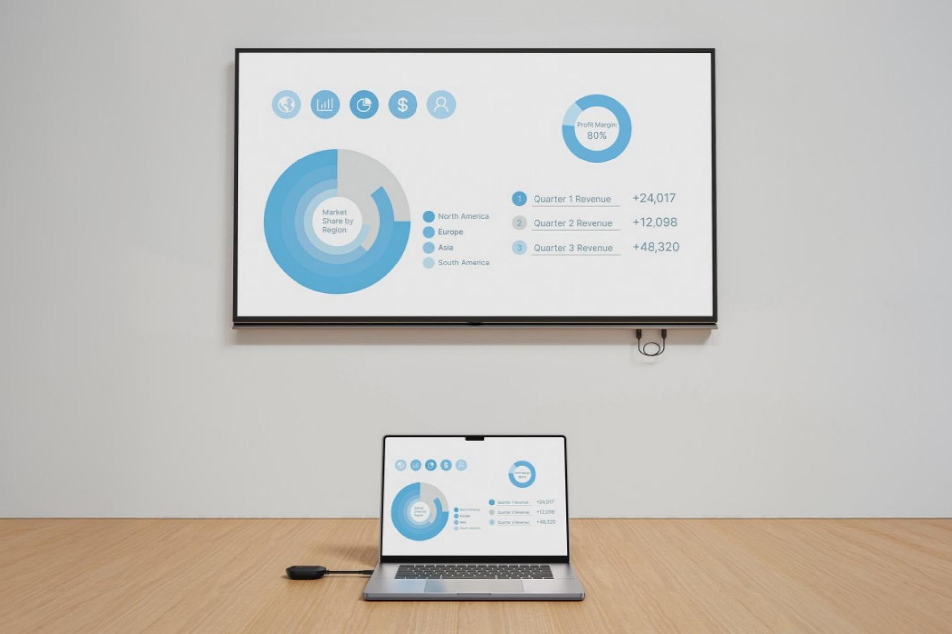 آداپتور بی‌سیم ConnectAir Wireless HDMI Display Adapter متصل به لپ‌تاپ و تلویزیون