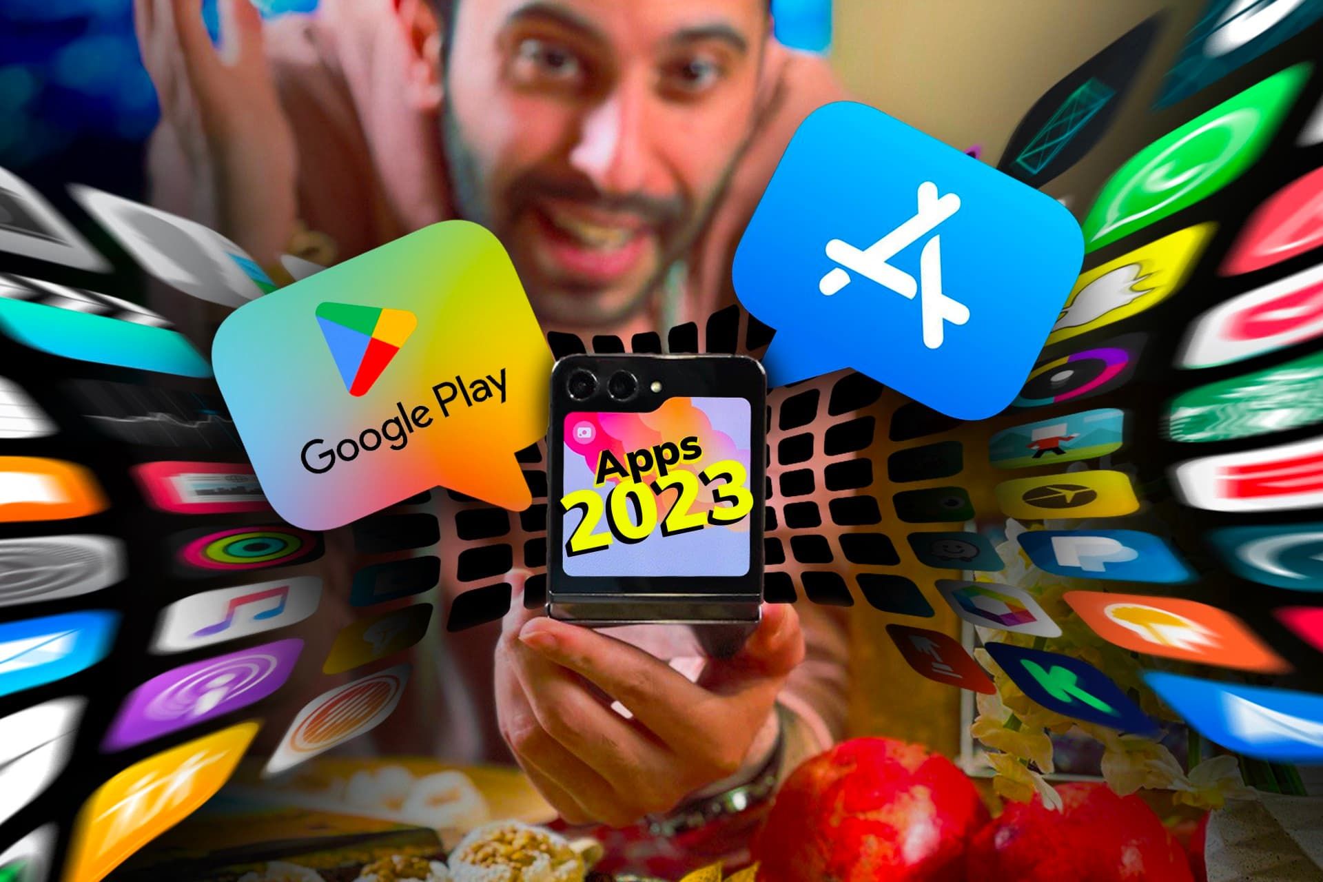 پسر جوان با گلکسی زد فلیپ ۵ و لوگو پلی استور و اپ استور