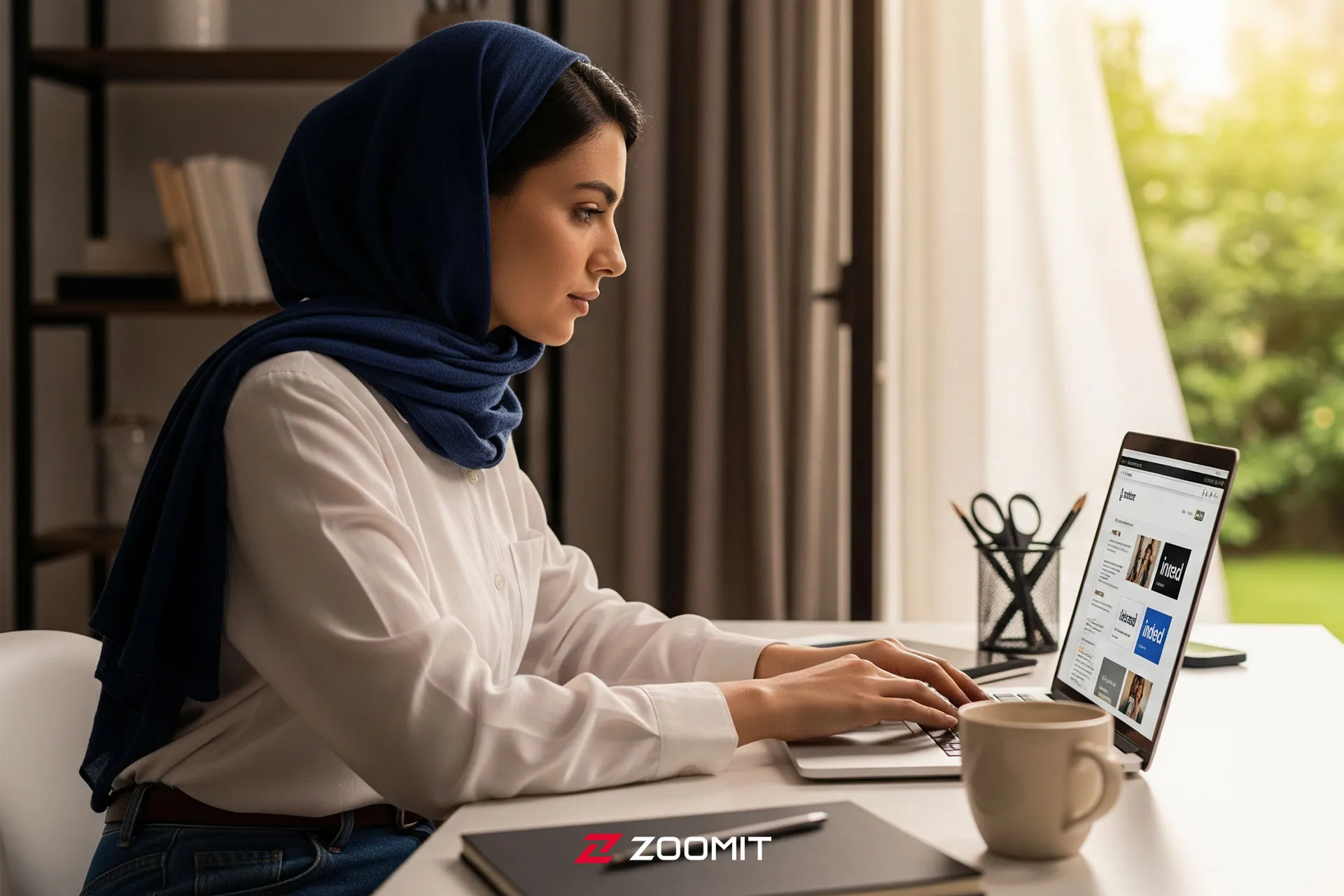 تصویر هوش مصنوعی زن جوان در حال مرور بهترین وبسایت های کاریابی با لپتاپ