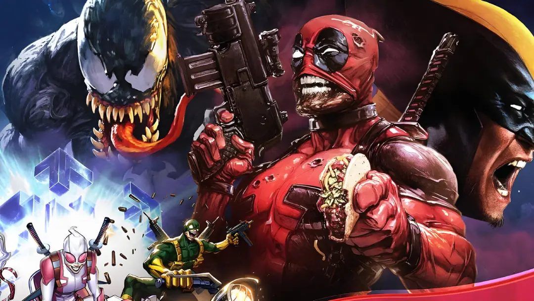 شخصیت‌های دنیای مارول شامل ددپول (Deadpool)، ونوم (Venom) و کاپیتان آمریکا در یک تصویر هنری