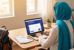 تصویر هوش مصنوعی زن در حال مرور وبسایت‌ خرید بلیط قطار با لپتاپ