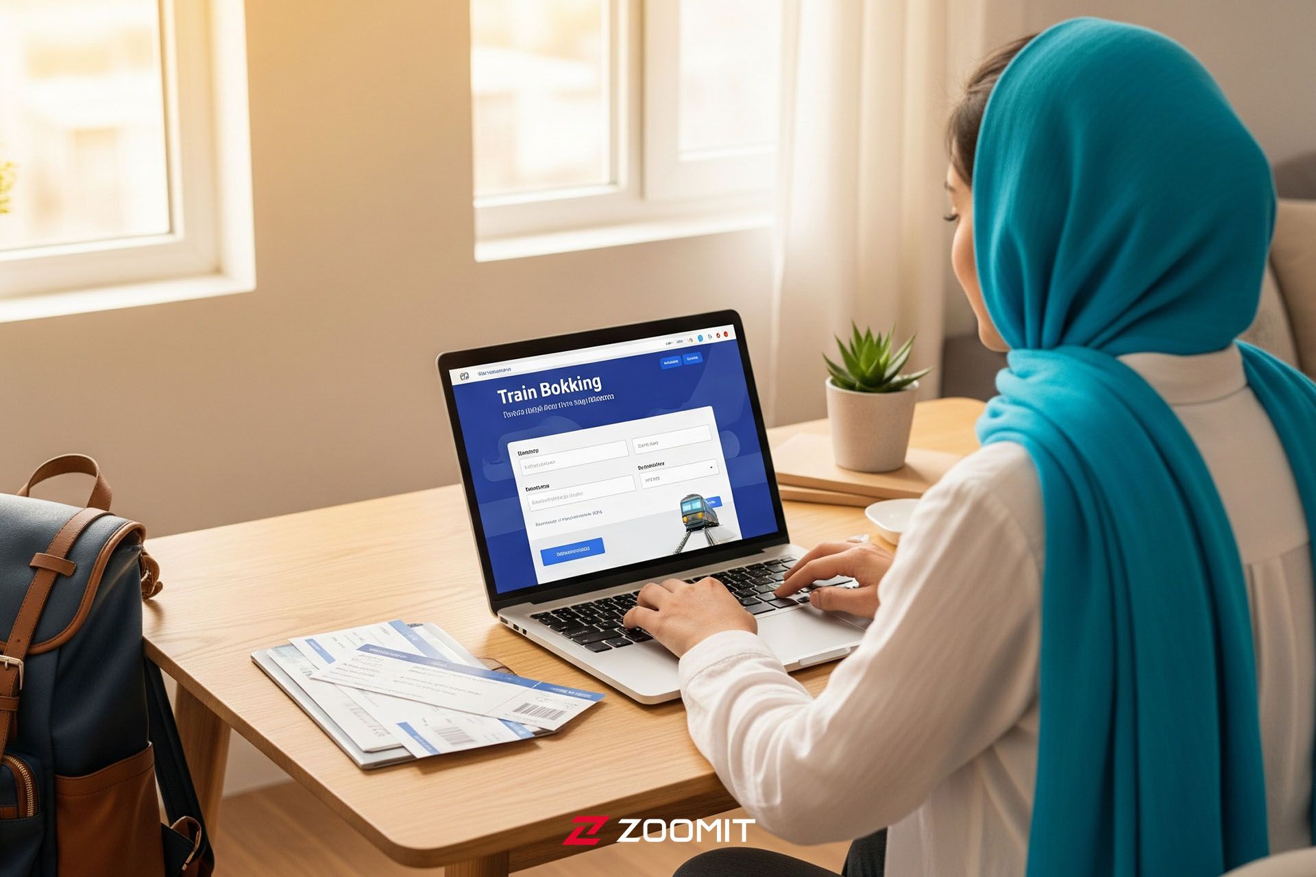 تصویر هوش مصنوعی زن در حال مرور وبسایت‌ خرید بلیط قطار با لپتاپ