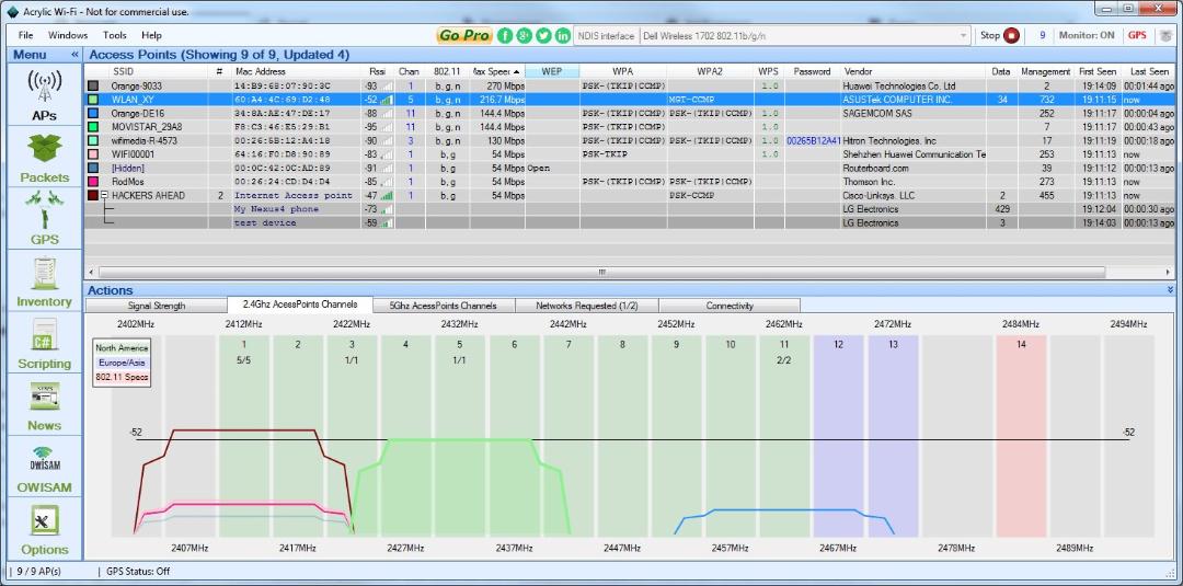 محیط برنامه Acrylic Wi-Fi Analyzer