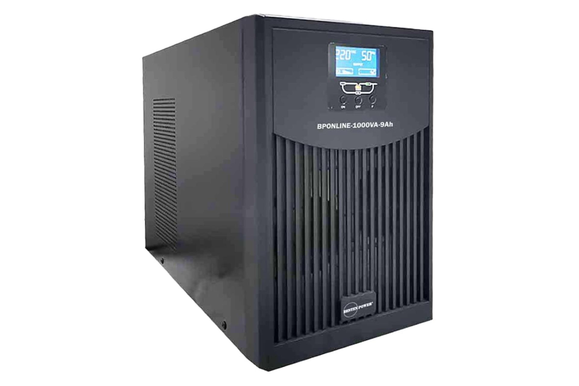 نمای نیمرخ یو پی اس بستن پاور مدل BPONLINE-1000VA-9Ah با ظرفیت 1000 ولت آمپر با نمایشگر روشن، نمایش لوگو و پنل سمت چپ