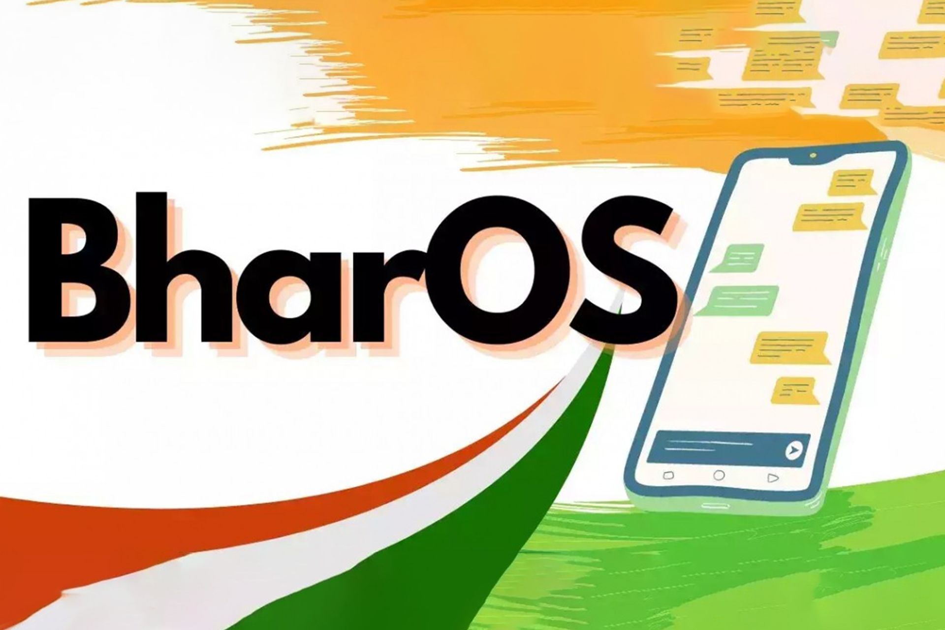 گوشی هوشمند در سمت راست و لوگوی BharOS در چپ صفحه به همراه نقشه هند