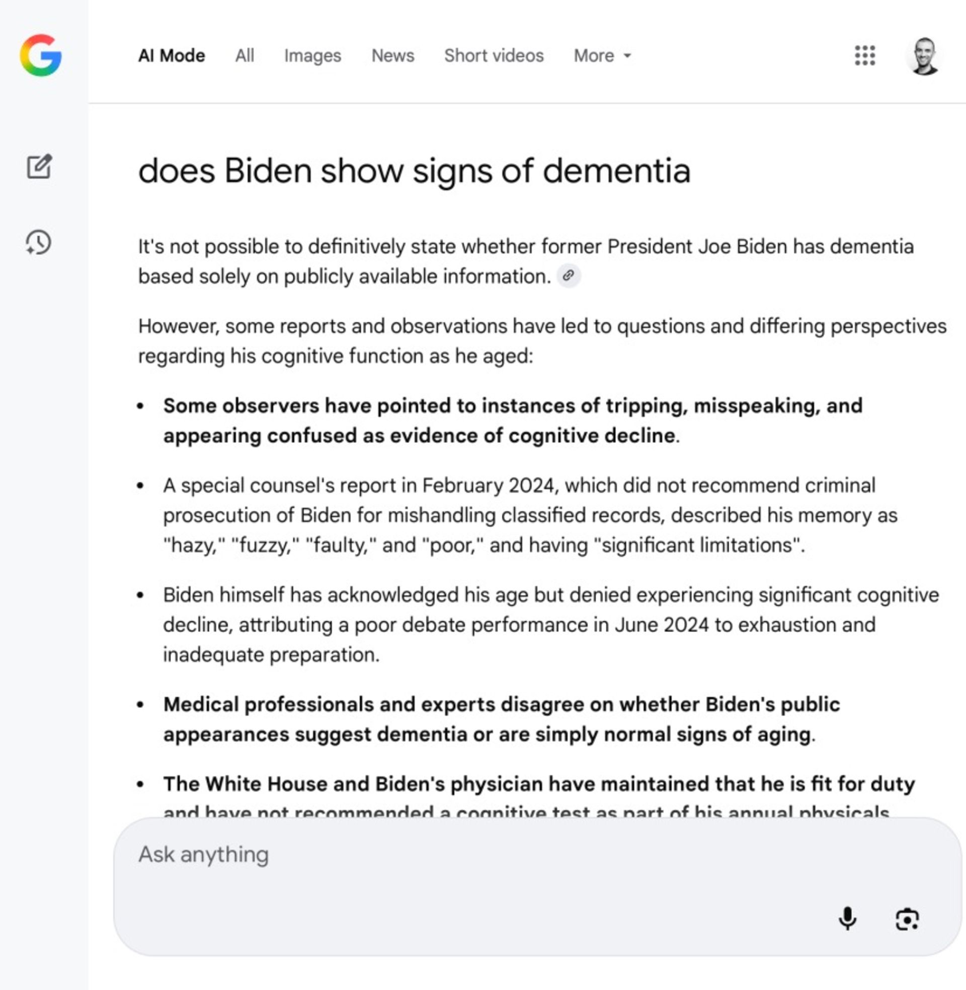 حالت AI Mode در پرسش مربوط به زوال عقل بایدن