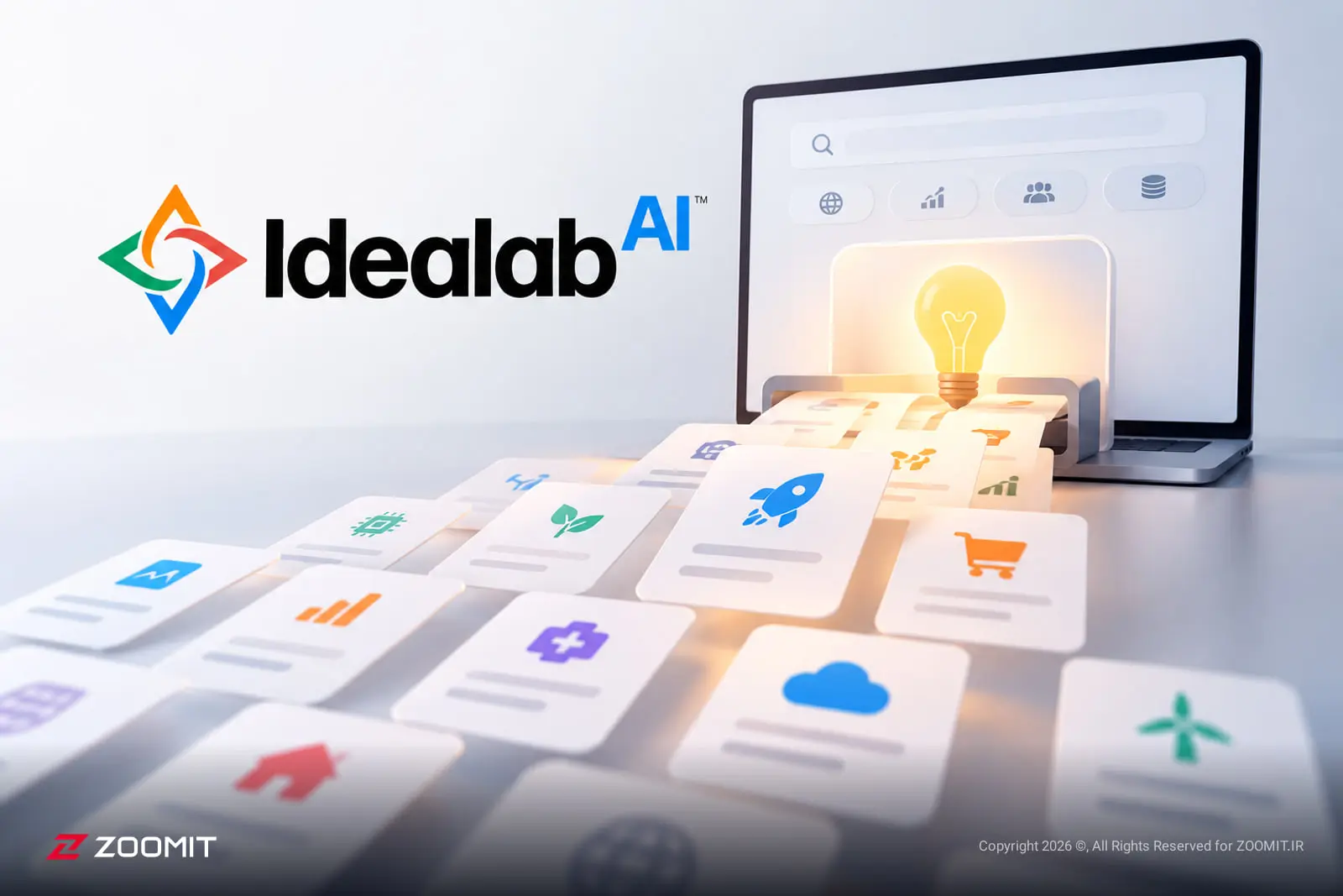 نمادهای دیجیتال و آیکون‌های هوش مصنوعی در کنار لپ‌تاپ و لوگوی IdealabAI
