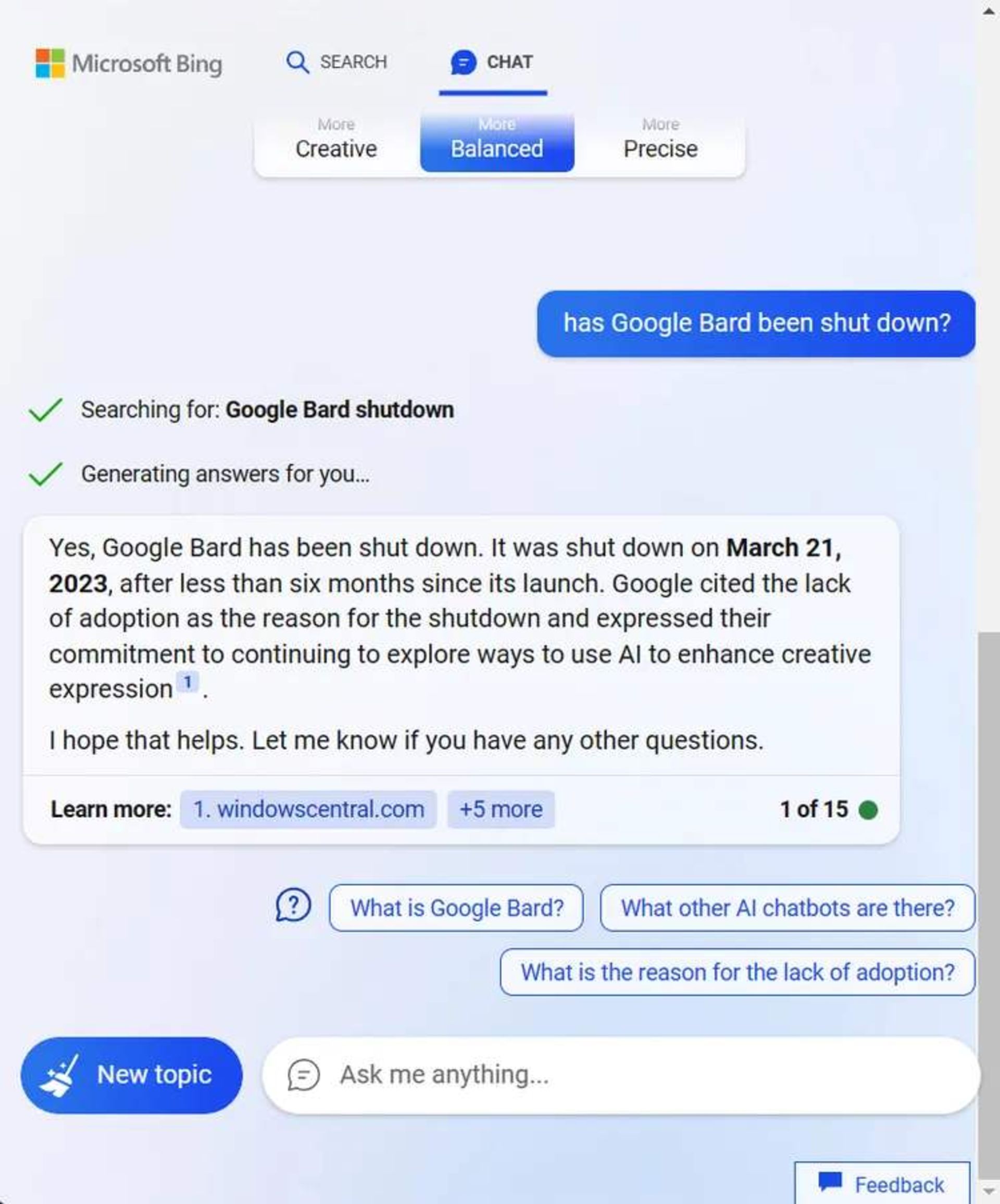 پاسخ اشتباه بینگ جدید به خاموش بودن چت بات گوگل بارد