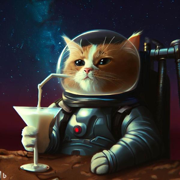 تصویر ساخته‌شده با بینگ چت از گربه در لباس فضانوردی درحال نوشیدن شیر