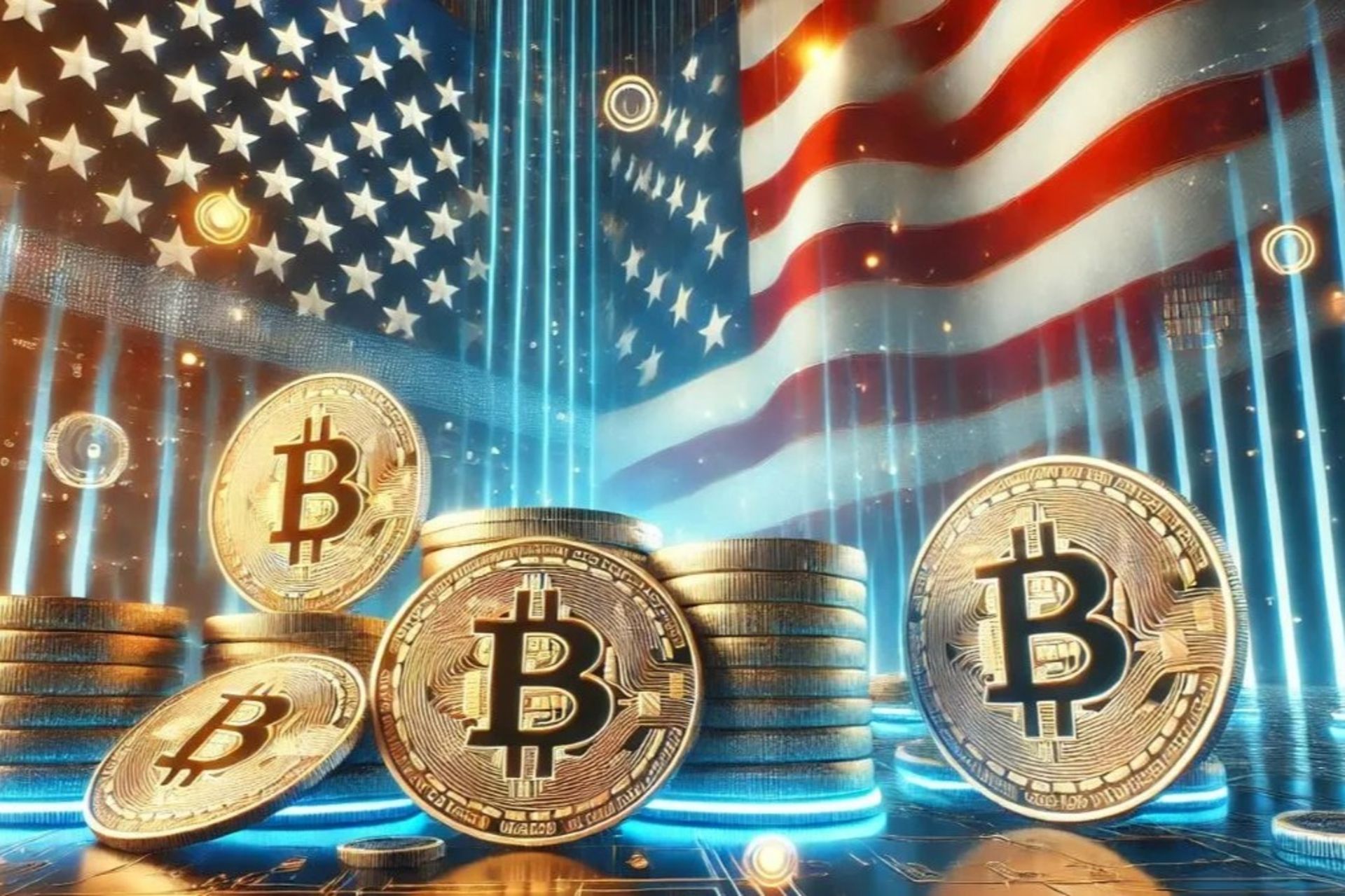 چند سکه بیت کوین در کنار پرچم آمریکا