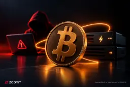 سکه طلایی بیت‌کوین (Bitcoin) در کنار تجهیزات شبکه و یک هکر مخفی