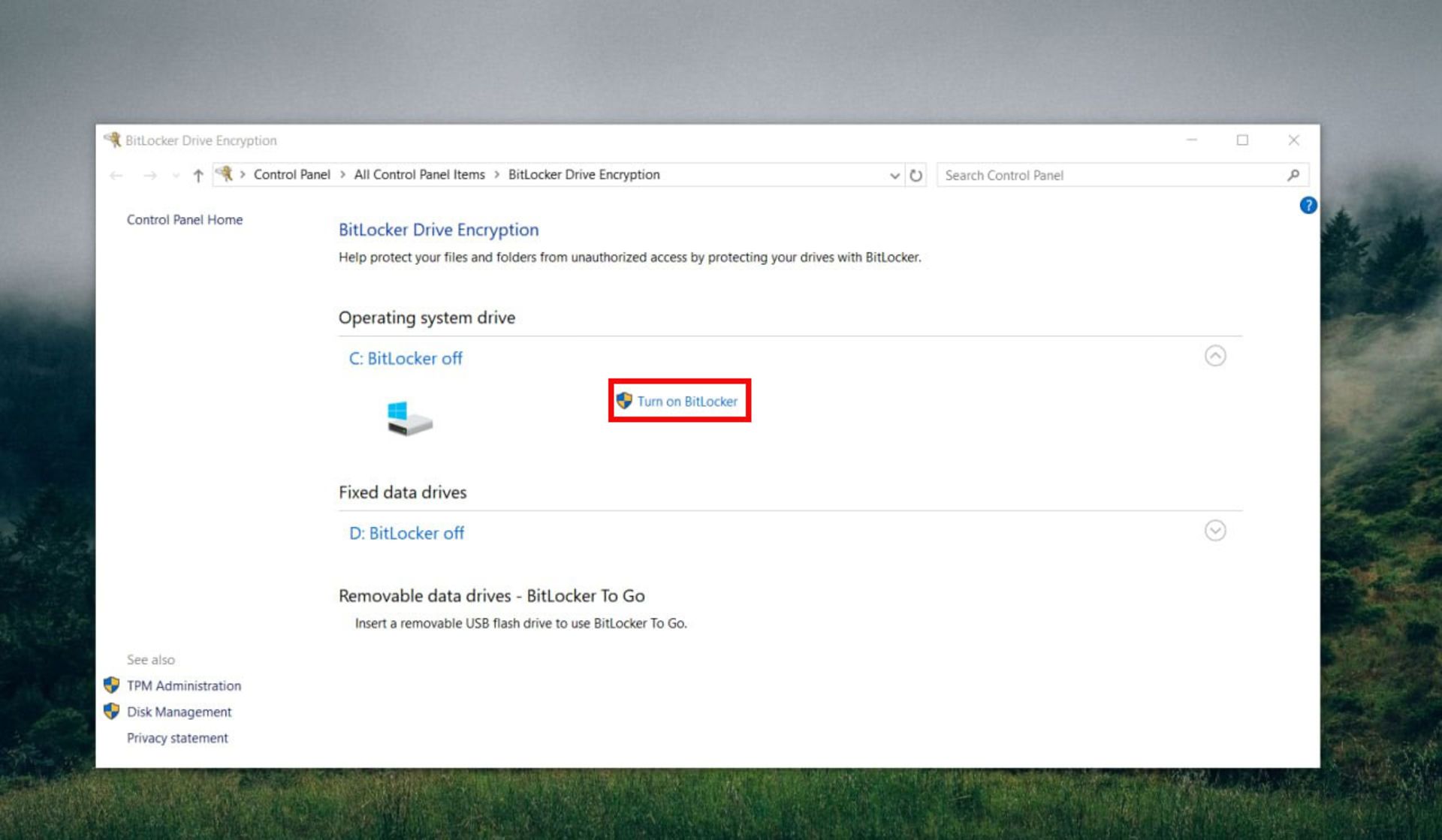 Bitlocker settings in Windows 10