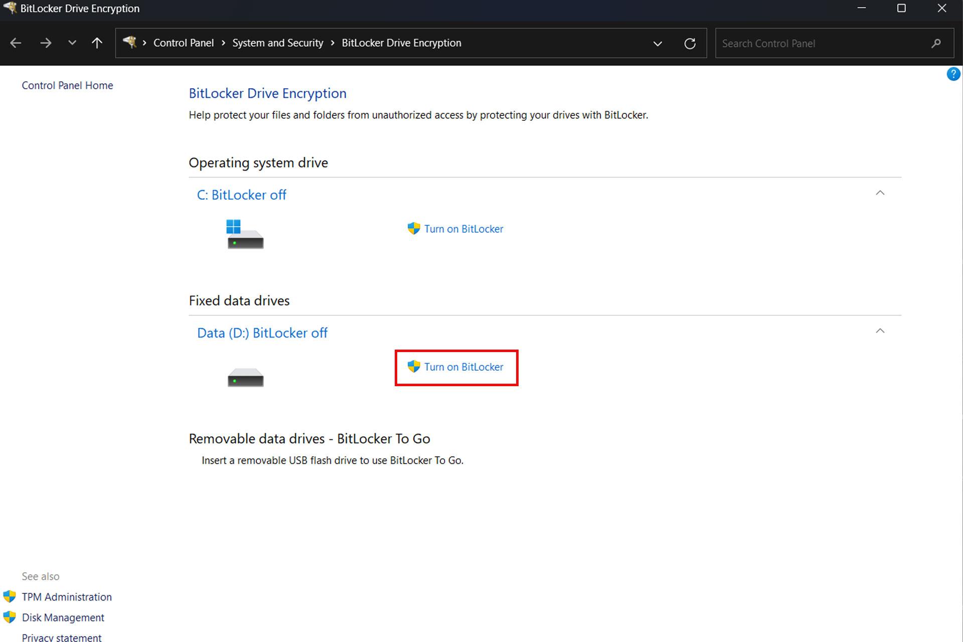 پنجره BitLocker Drive Encription
