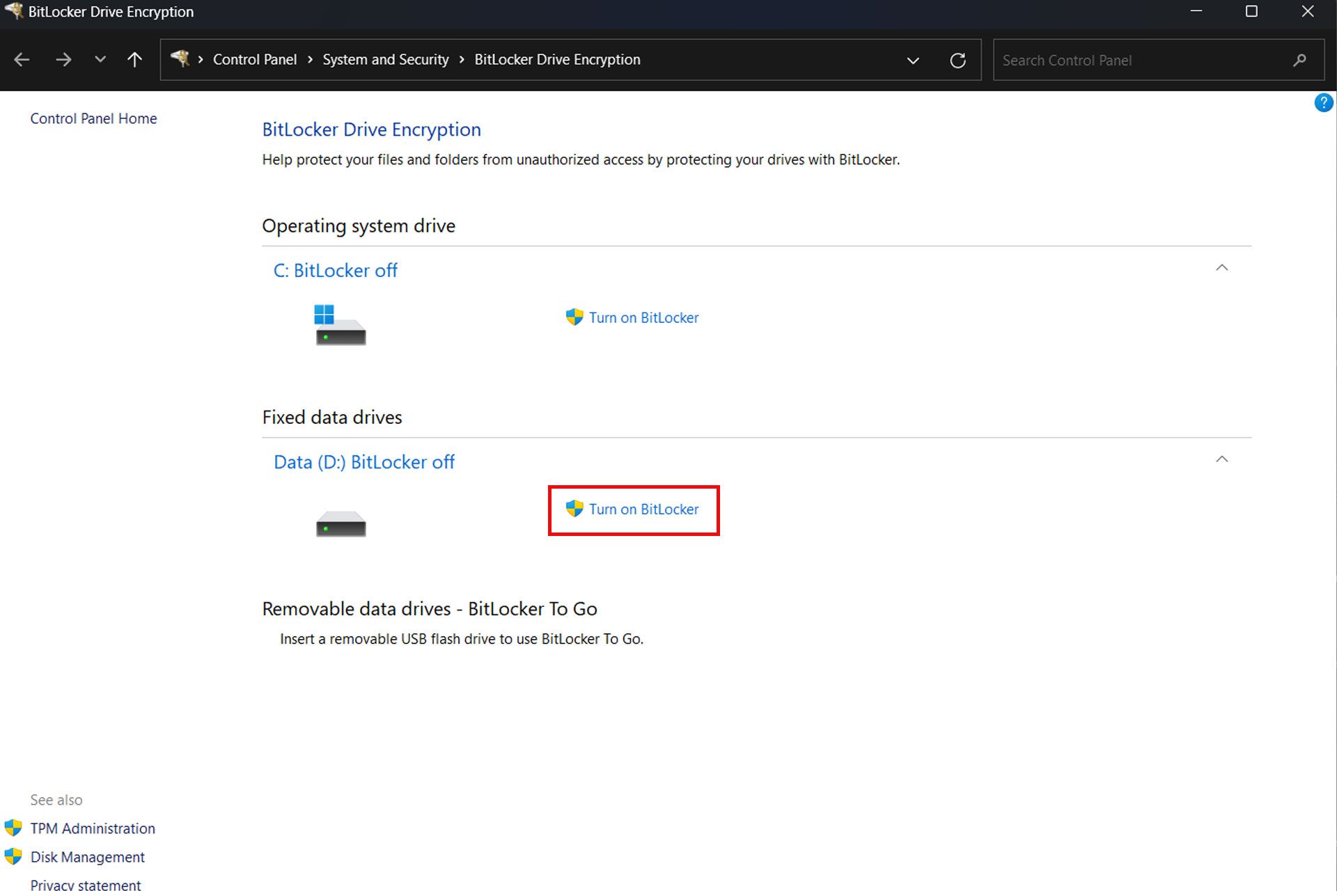 پنجره BitLocker Drive Encription