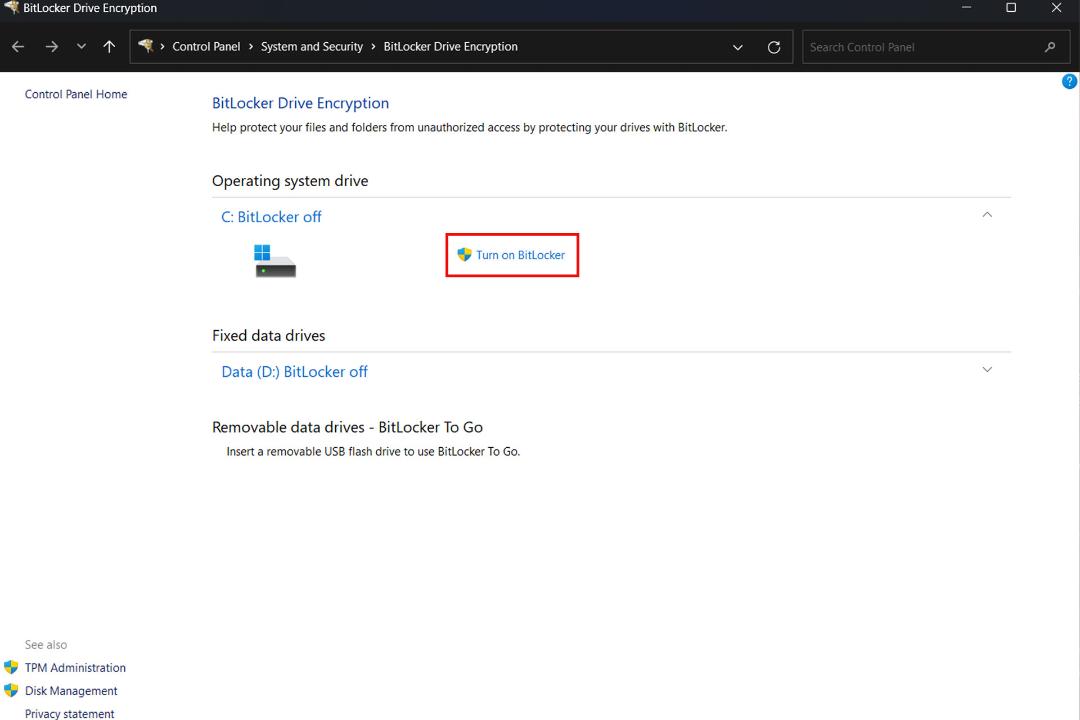 پنجره BitLocker Drive Encription